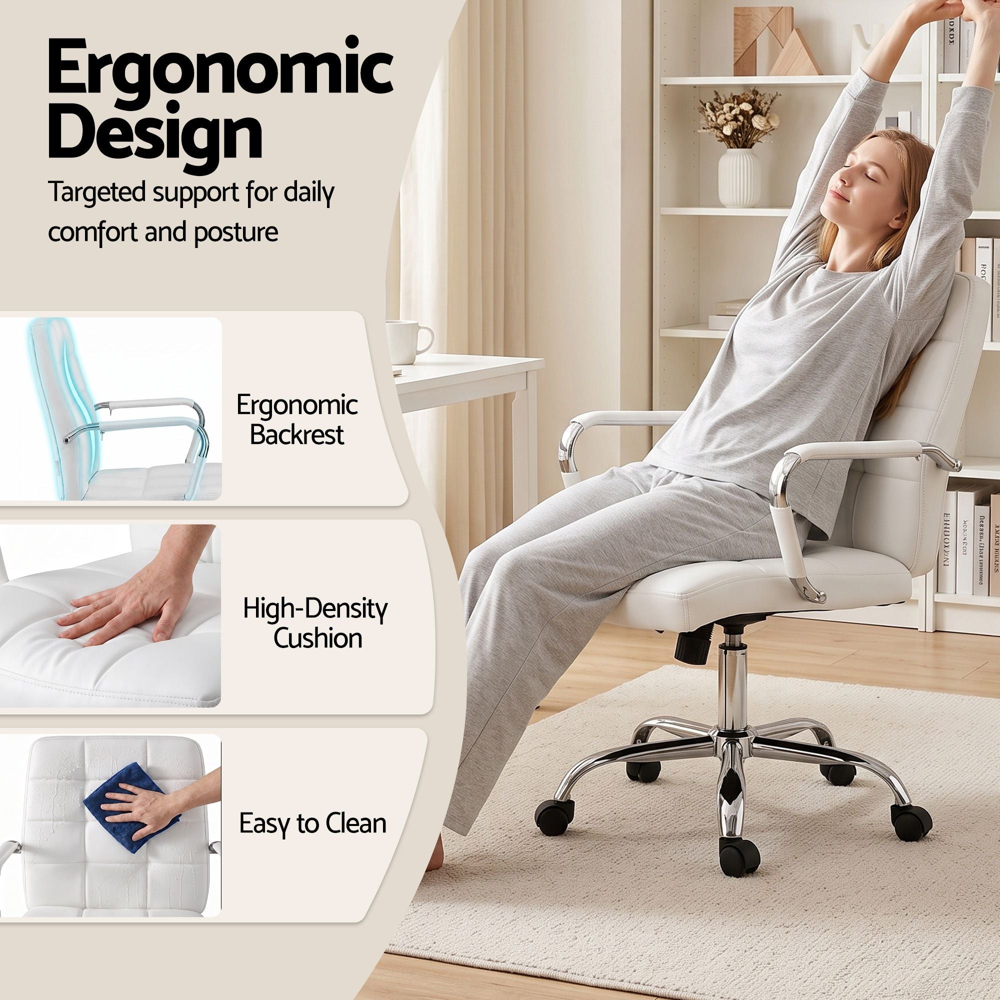 Office Desk and Adjustable PU Leather Chair Set 100cm - White