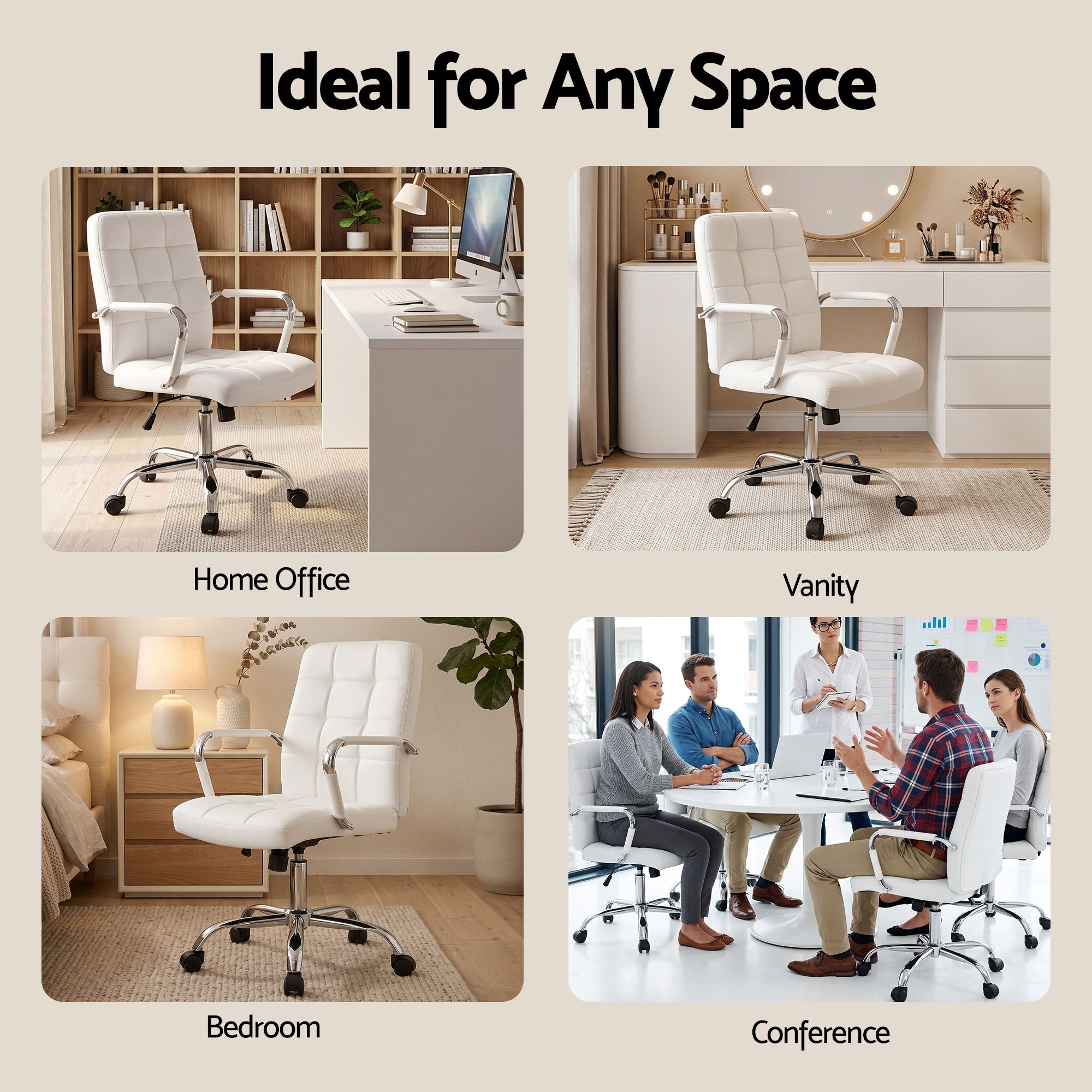 Office Desk and Adjustable PU Leather Chair Set 100cm - White
