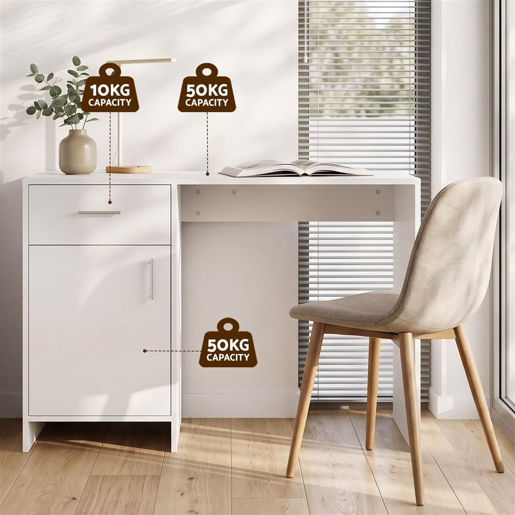 Office Desk and Adjustable PU Leather Chair Set 100cm - White