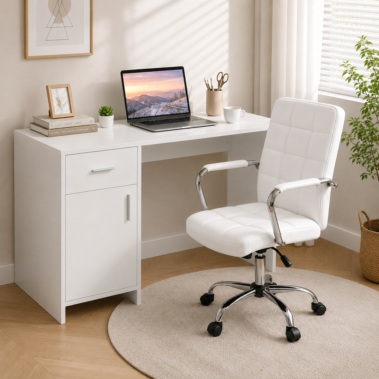 Office Desk and Adjustable PU Leather Chair Set 100cm - White