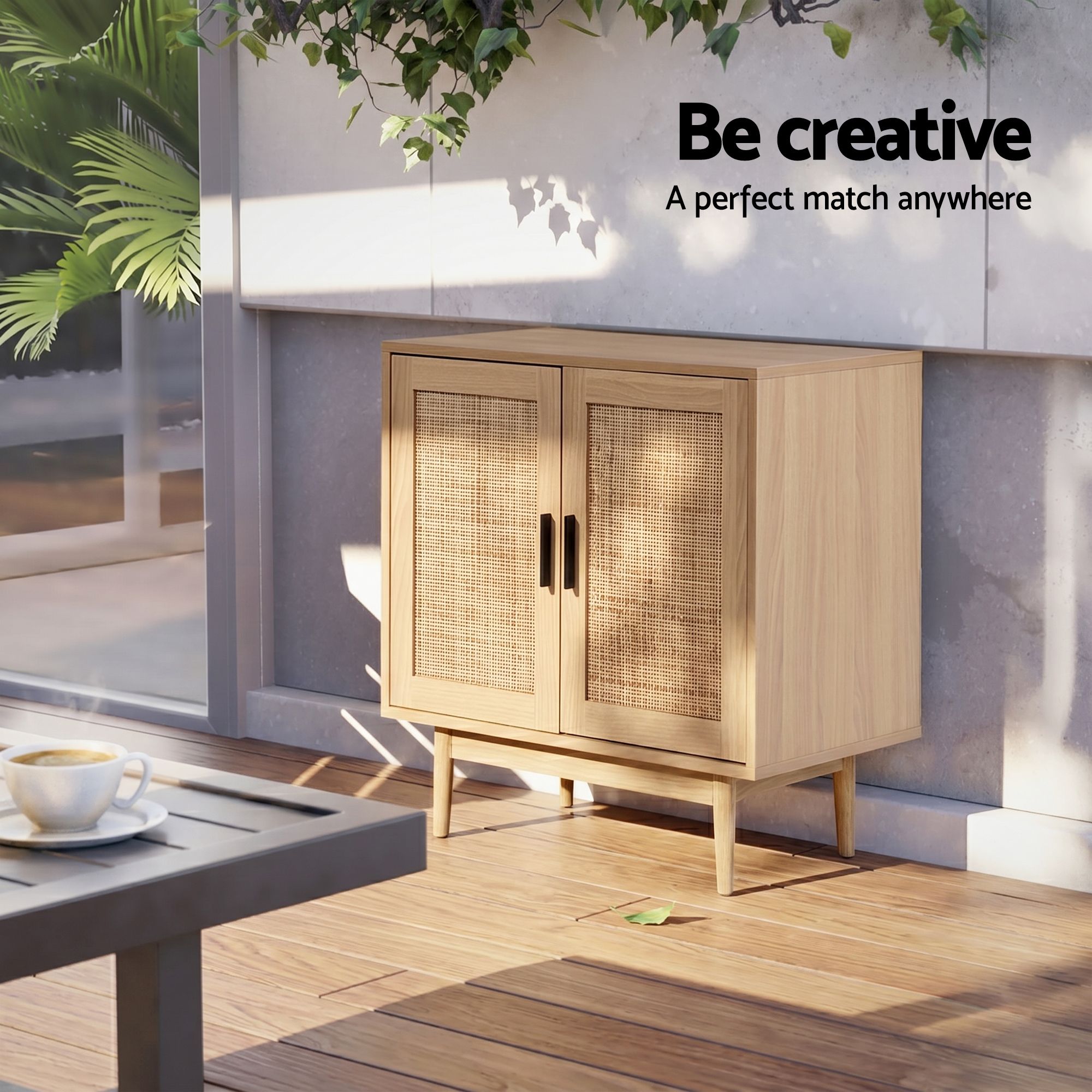 2x Buffet Sideboard Cabinet Rattan Cupboard 2 Doors Storage Pantry BRIONY