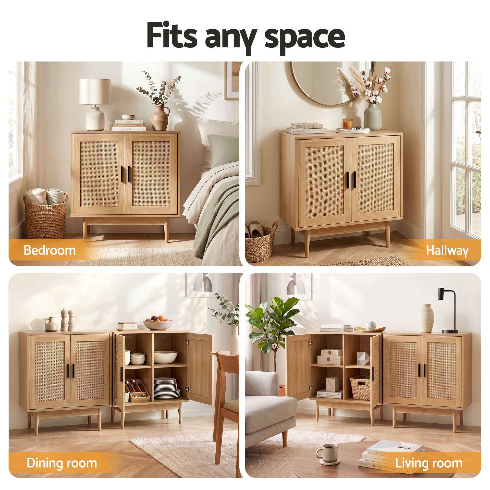 2x Buffet Sideboard Cabinet Rattan Cupboard 2 Doors Storage Pantry BRIONY