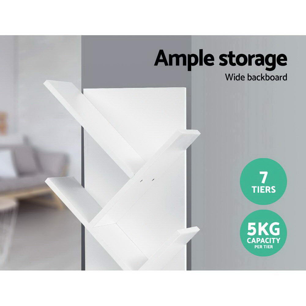 Tree Bookshelf 7 Tiers with Sturdy Base and Wide Backboard - White