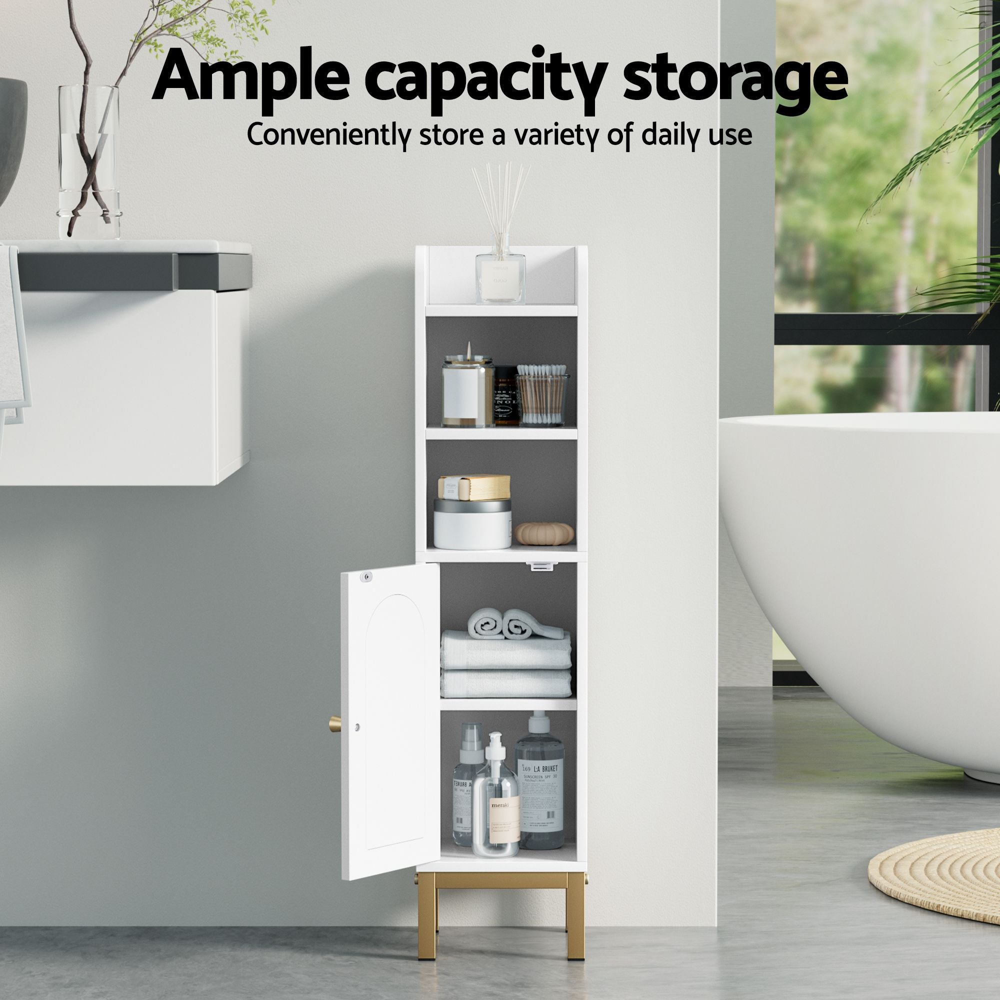 2X Bathroom Storage Cabinet Floor Organizer Toilet Corner Adjustable Shelf with Door White