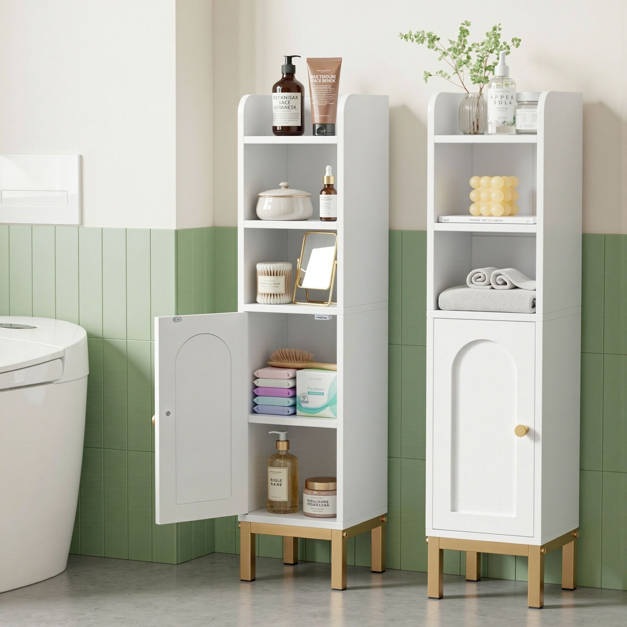 2X Bathroom Storage Cabinet Floor Organizer Toilet Corner Adjustable Shelf with Door White