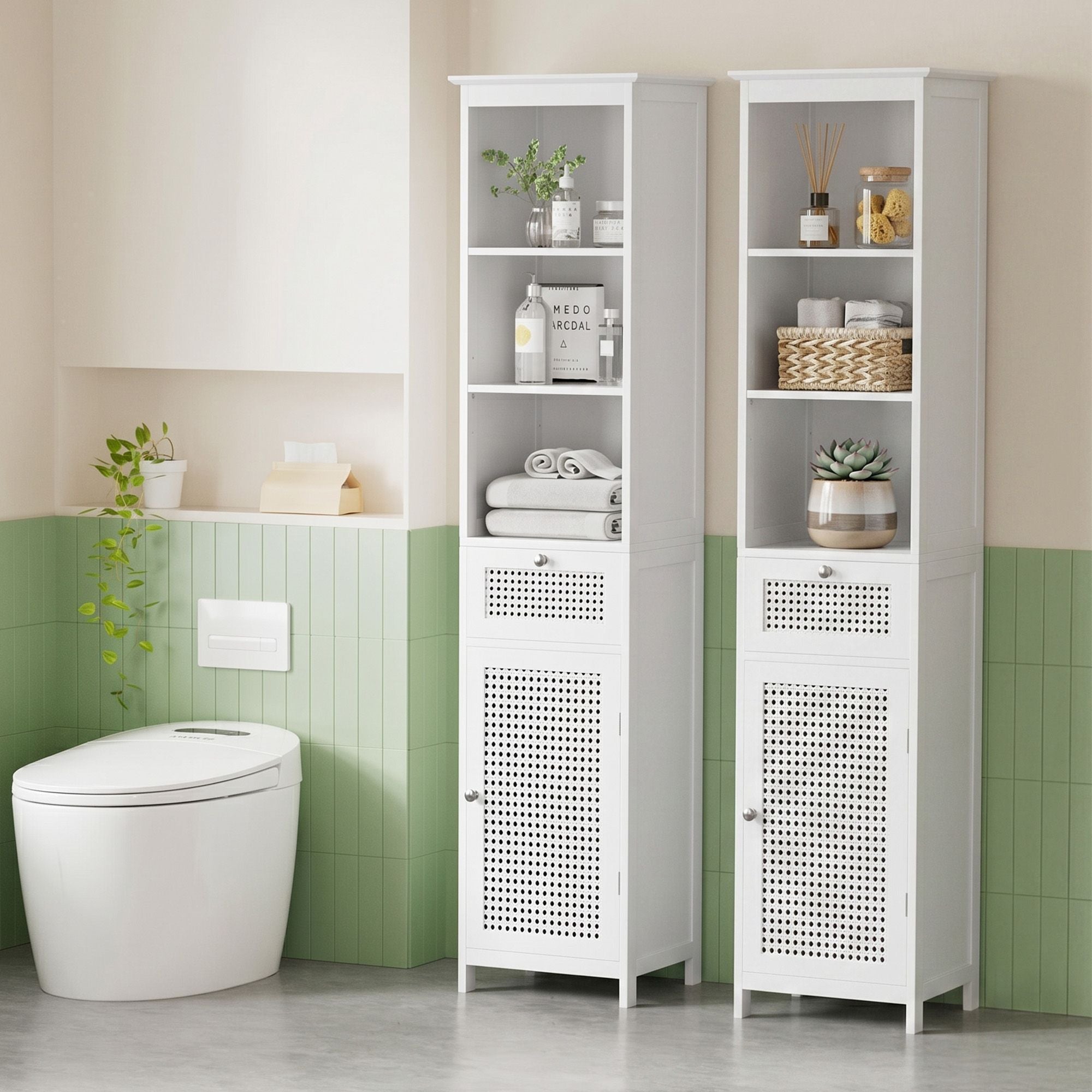 Bathroom Cabinet Storage X2 White Rattan 161cm
