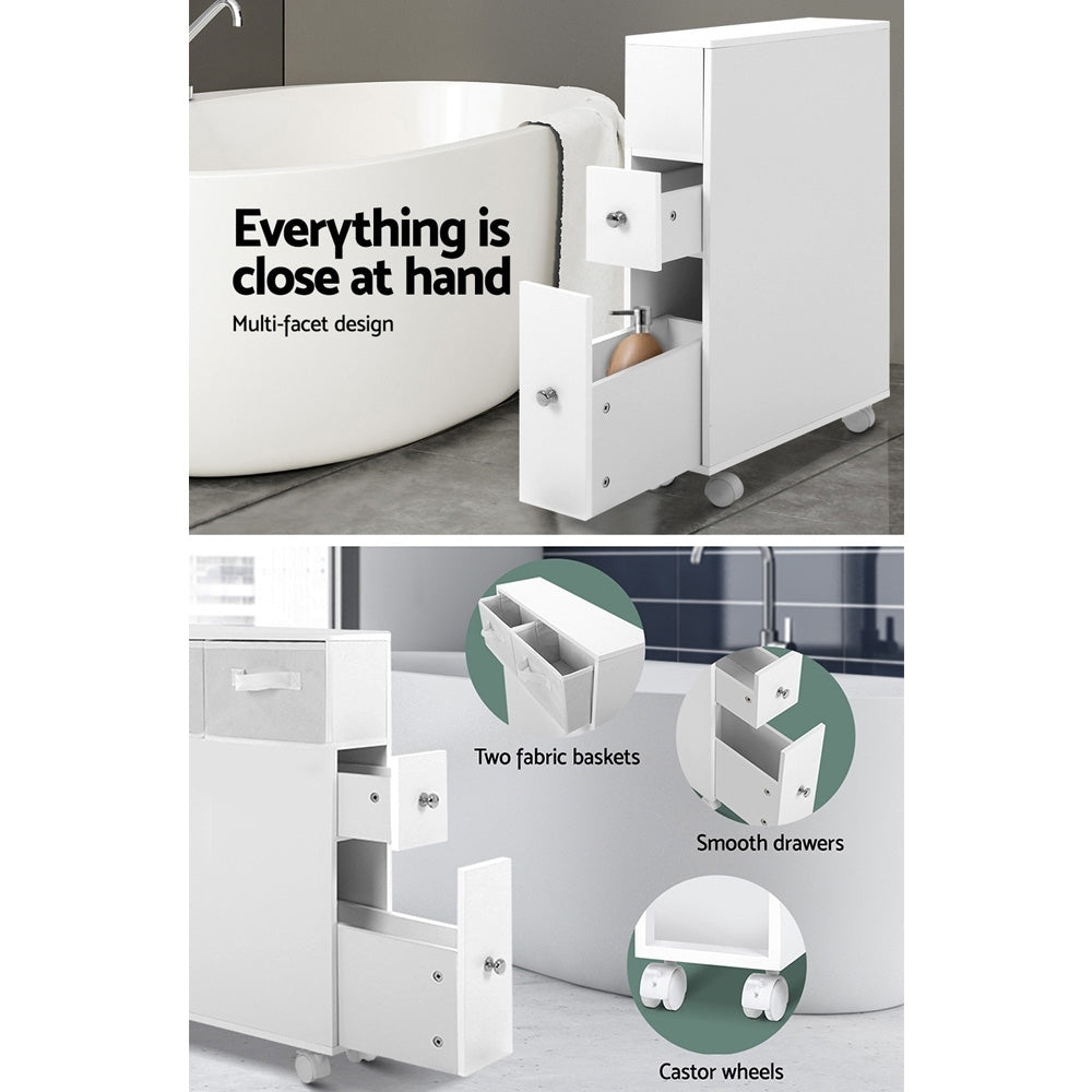 Bathroom Toilet Storage Cabinet Organizer with Drawers and Wheels - White