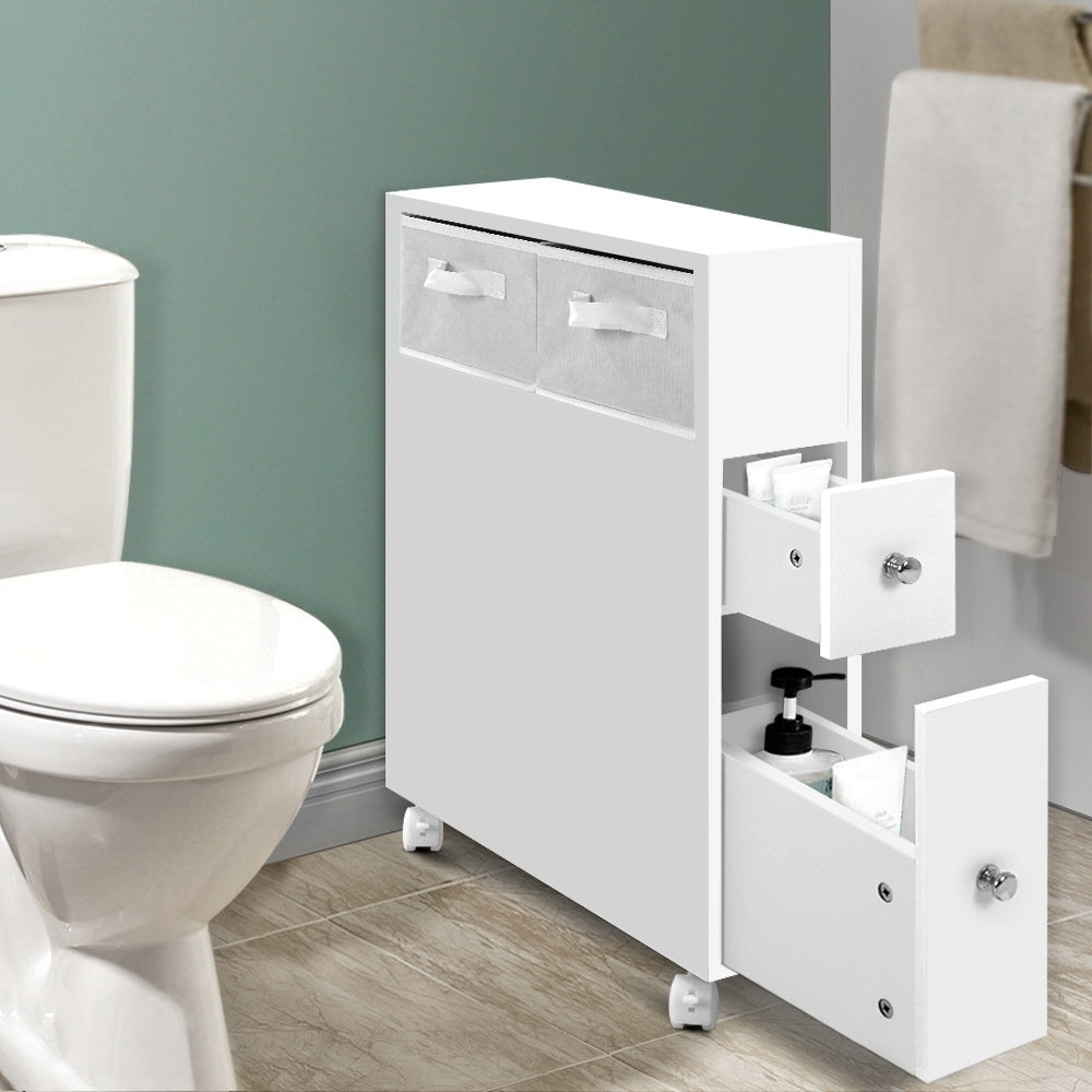 Bathroom Toilet Storage Cabinet Organizer with Drawers and Wheels - White