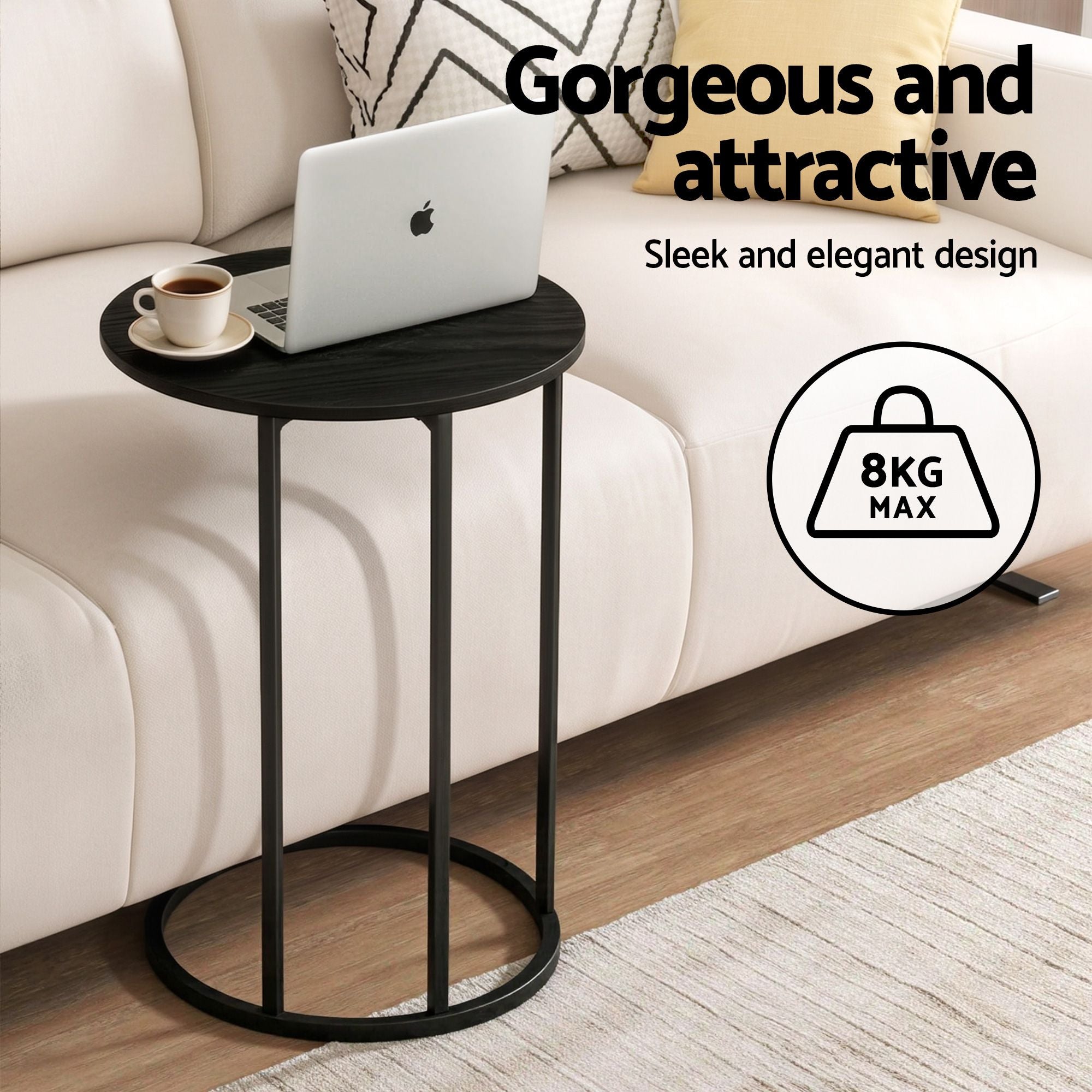 C Shaped End Table Set of 2 Coffee Table Side Table Round Black
