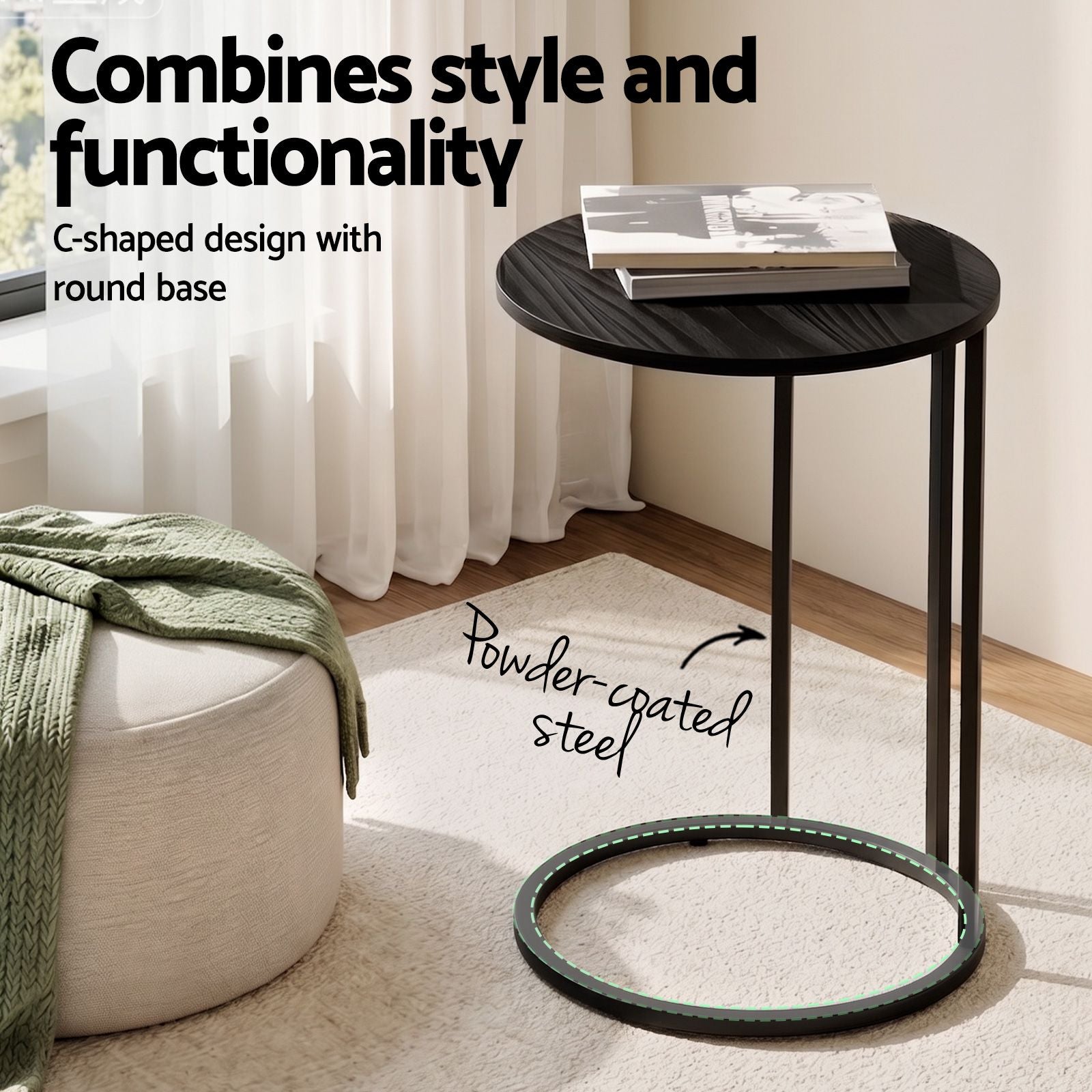 C Shaped End Table Set of 2 Coffee Table Side Table Round Black