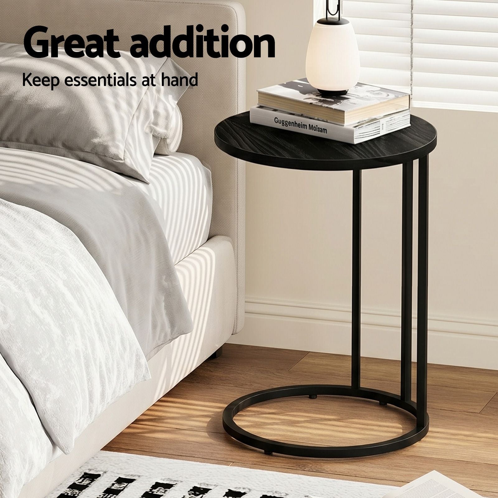 C Shaped End Table Set of 2 Coffee Table Side Table Round Black