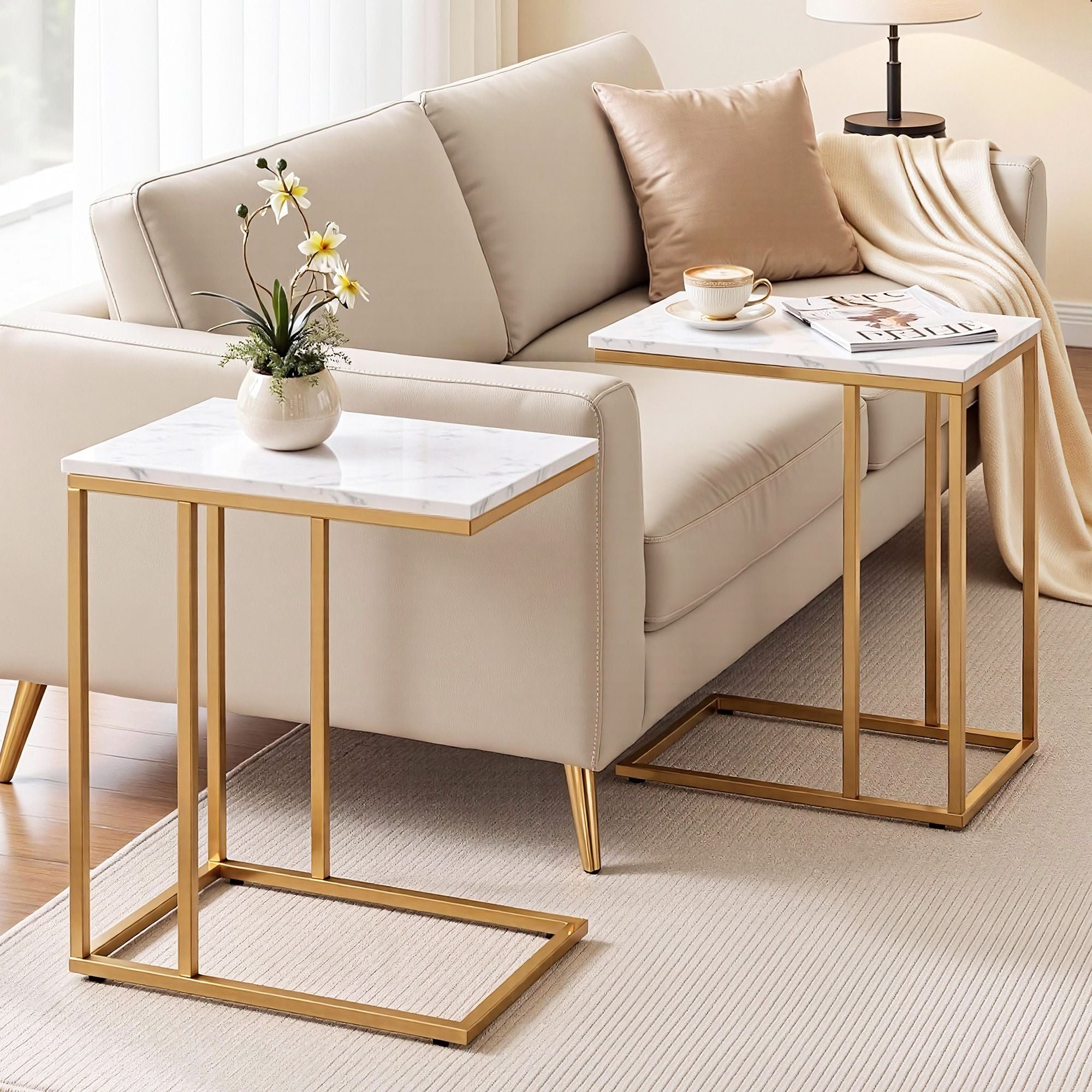 C Shaped End Table Set of 2 Coffee Table Side Table White & Gold