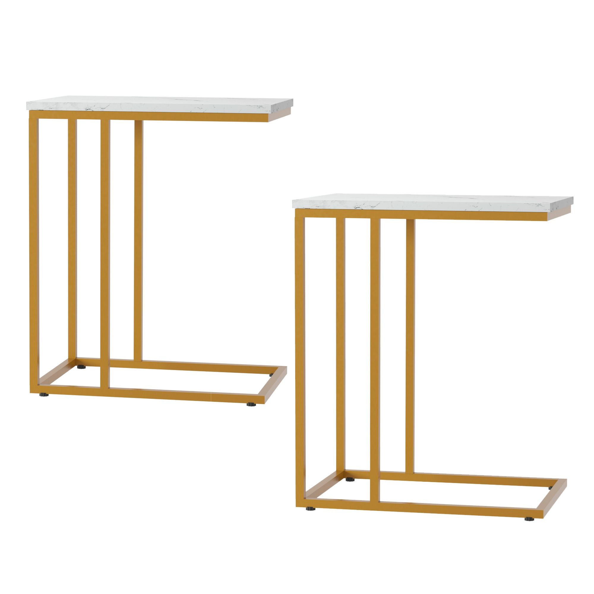 C Shaped End Table Set of 2 Coffee Table Side Table White & Gold