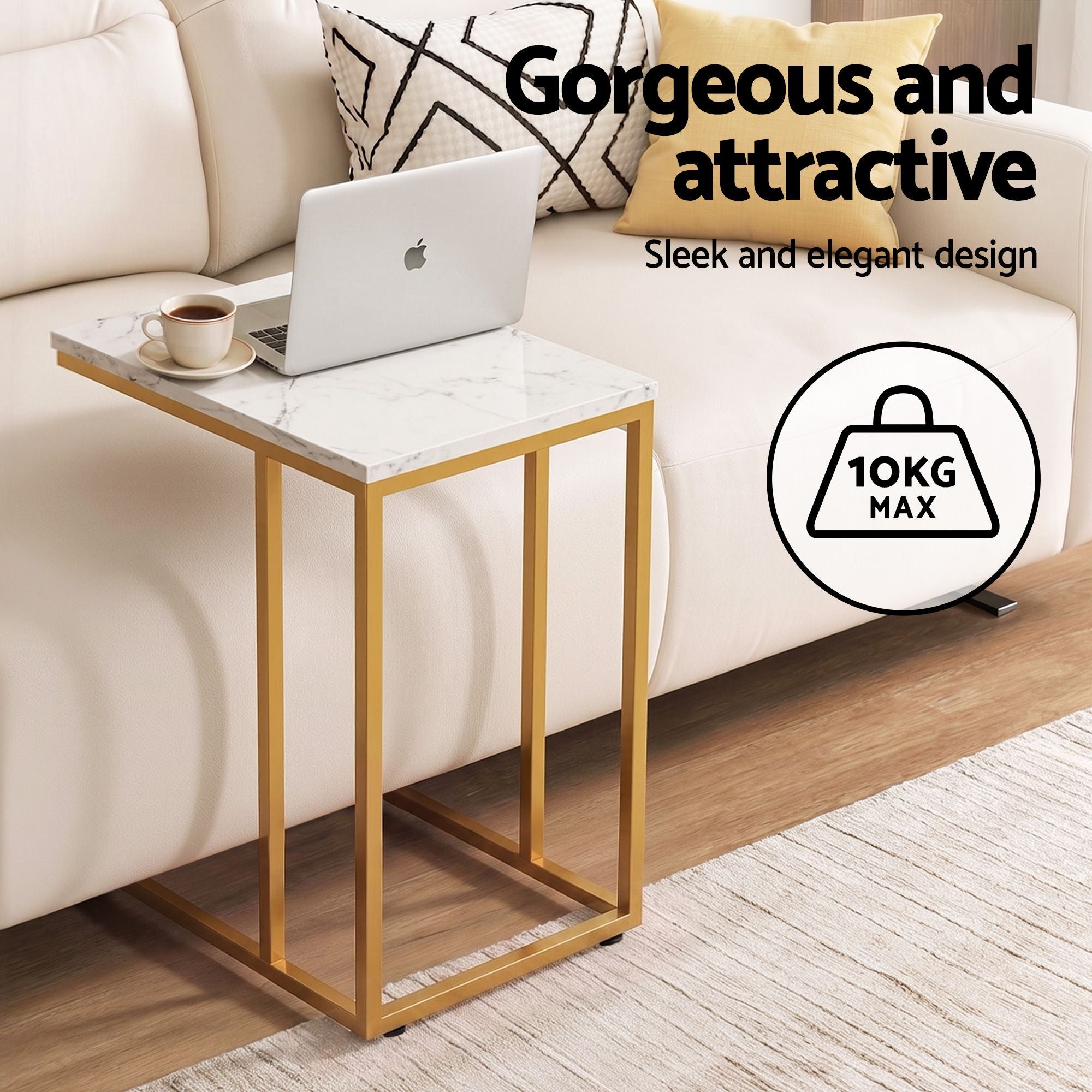 C Shaped End Table Set of 2 Coffee Table Side Table White & Gold