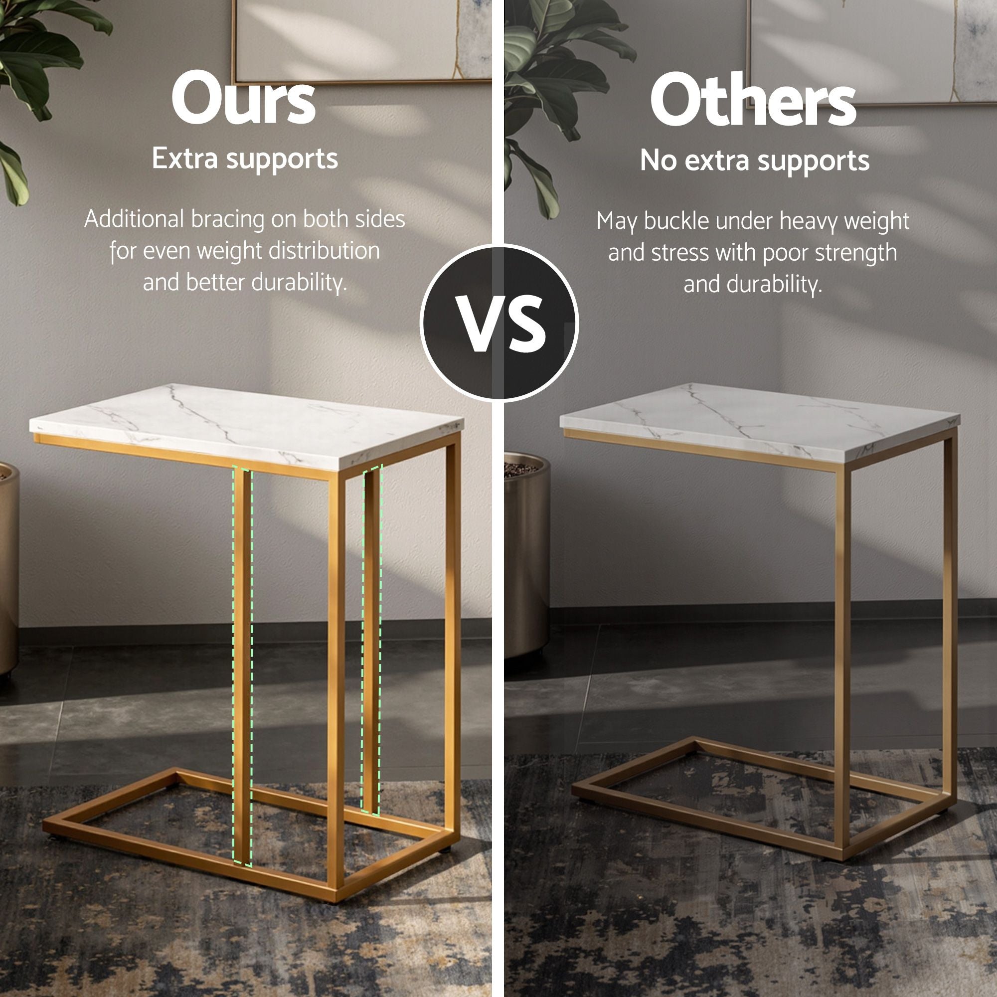 C Shaped End Table Set of 2 Coffee Table Side Table White & Gold