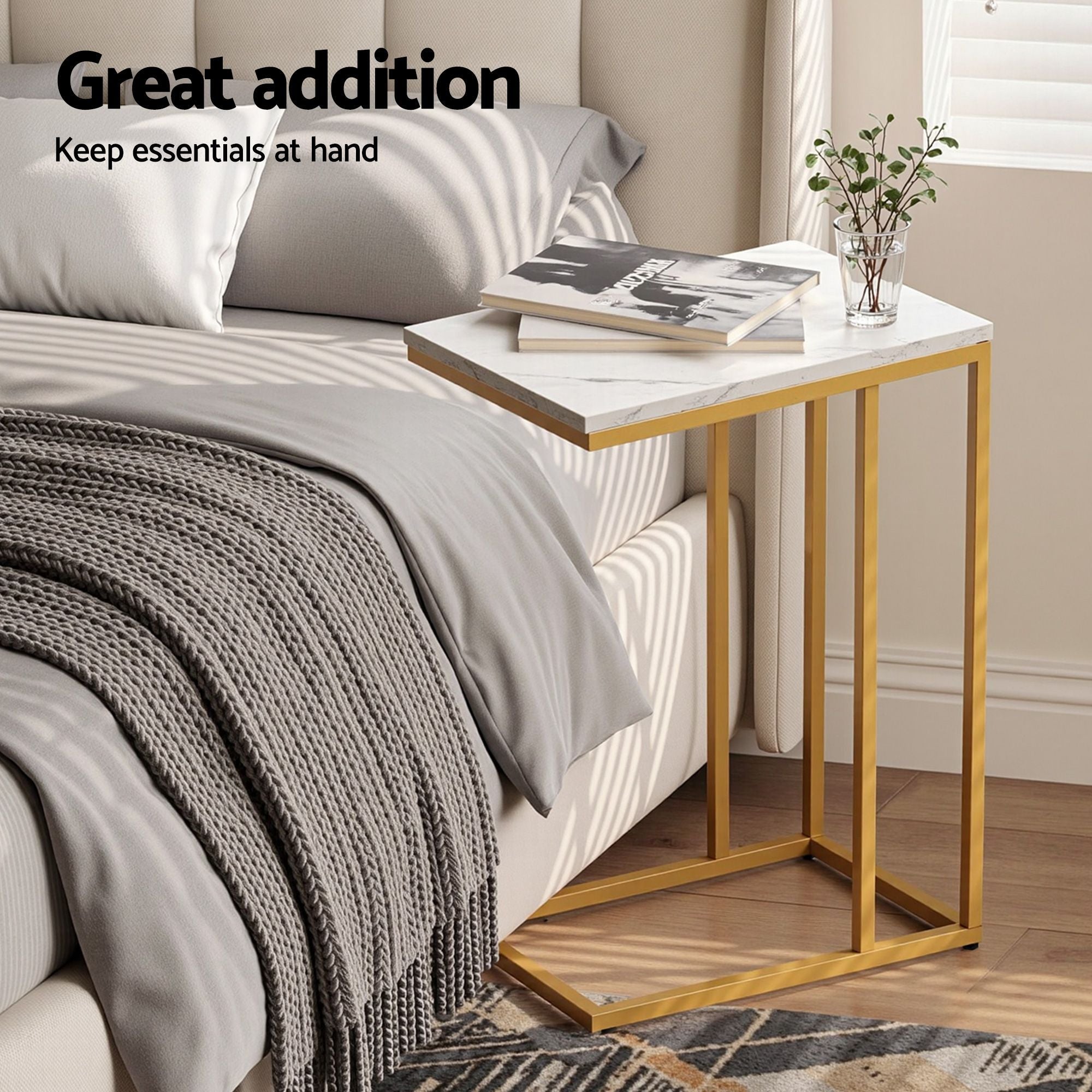 C Shaped End Table Set of 2 Coffee Table Side Table White & Gold