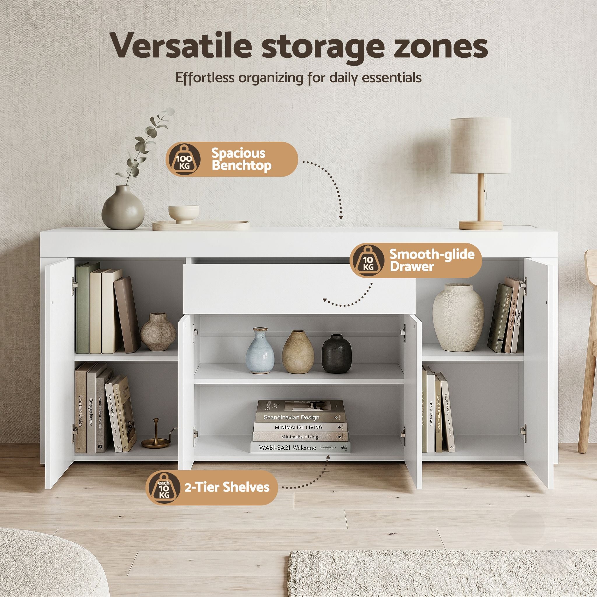 Buffet Sideboard Cabinet 180cm Cupboard Pantry Storage Drawer White DANA