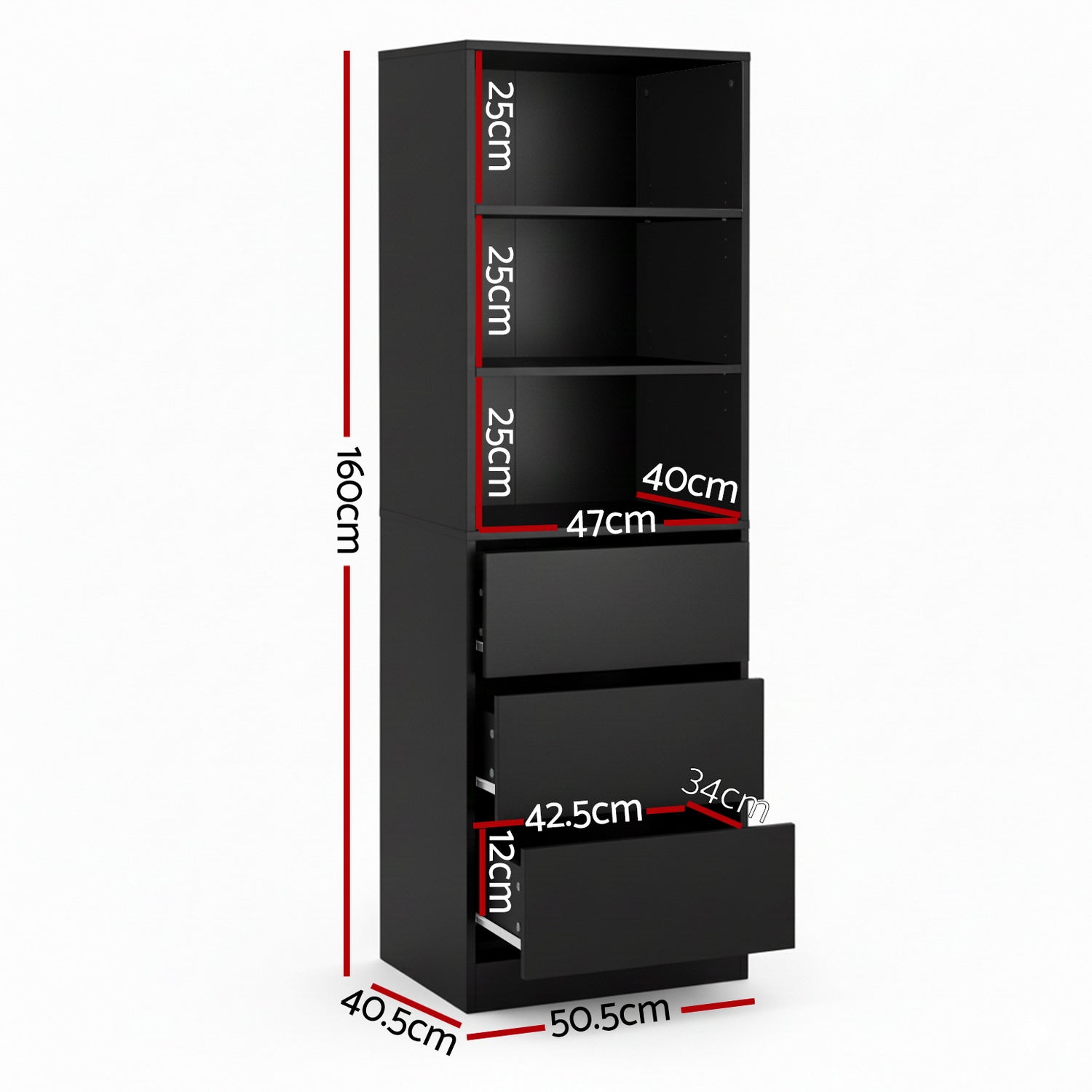 3 Chest of Drawers Tallboy Cabinet Black