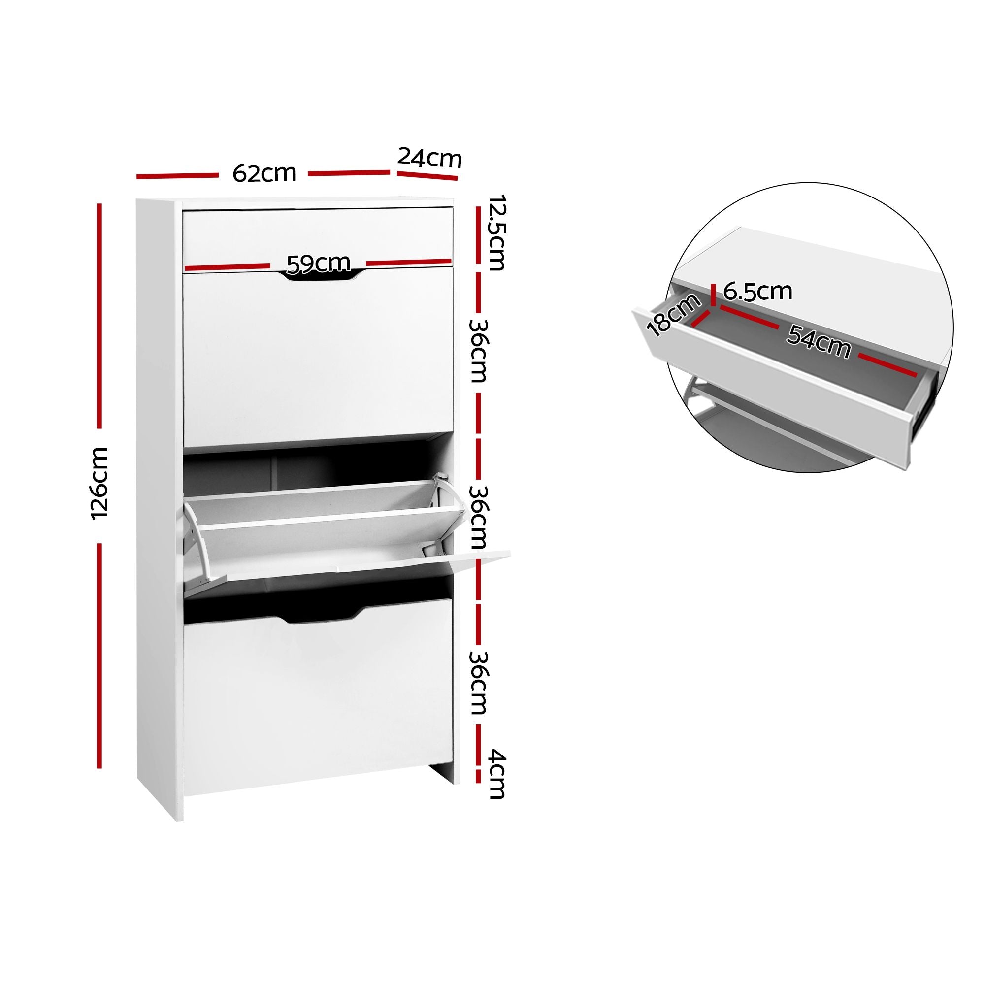 2x Shoe Cabinet Organiser 3 Flip Drawer High Gloss White