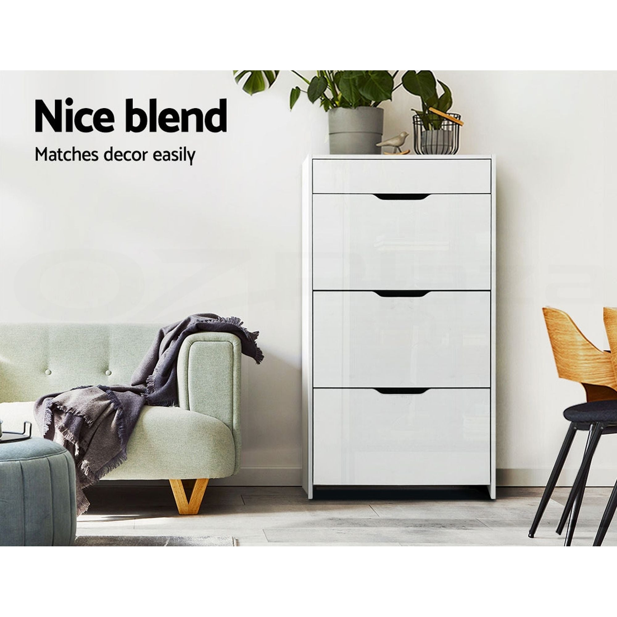 2x Shoe Cabinet Organiser 3 Flip Drawer High Gloss White