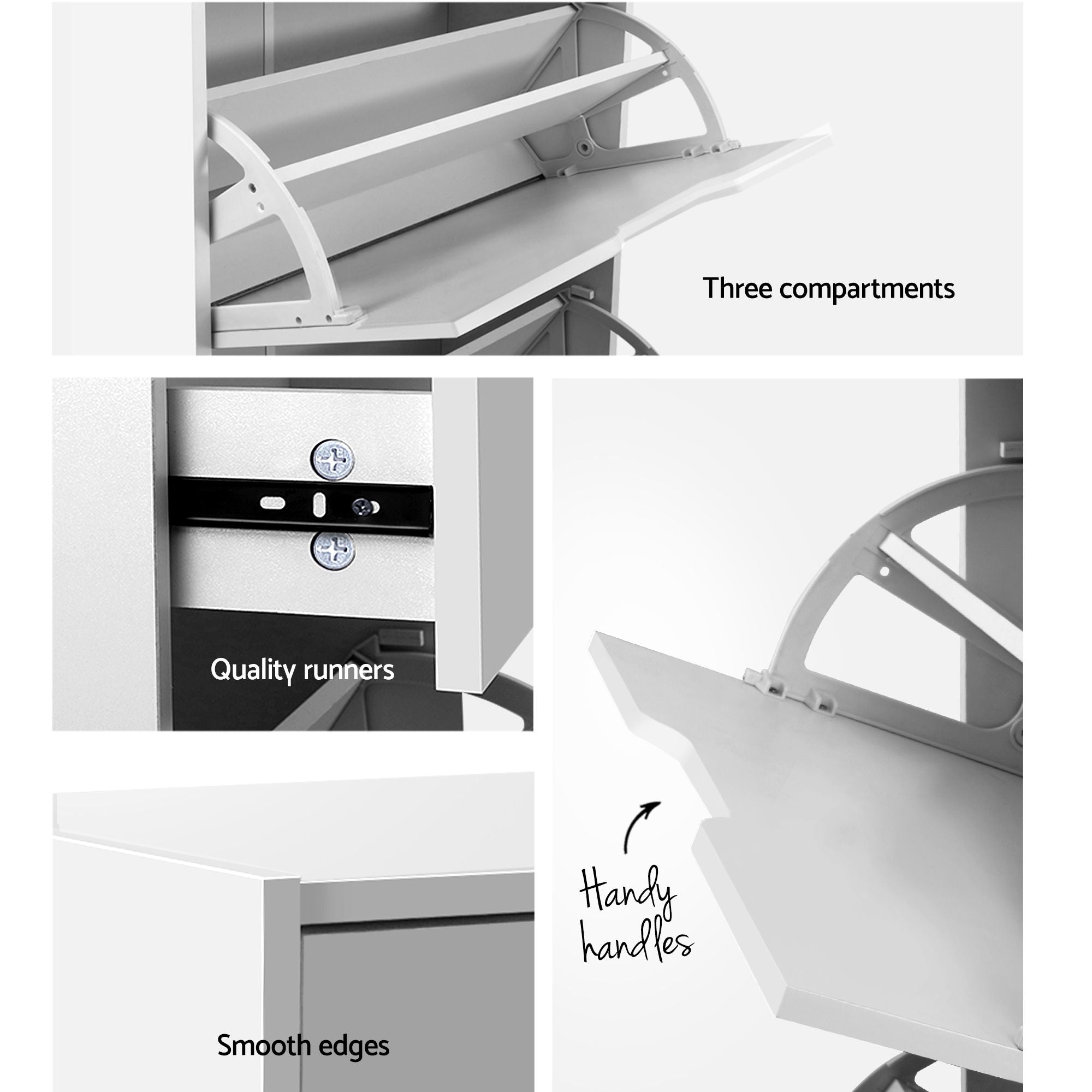 2x Shoe Cabinet Organiser 3 Flip Drawer High Gloss White