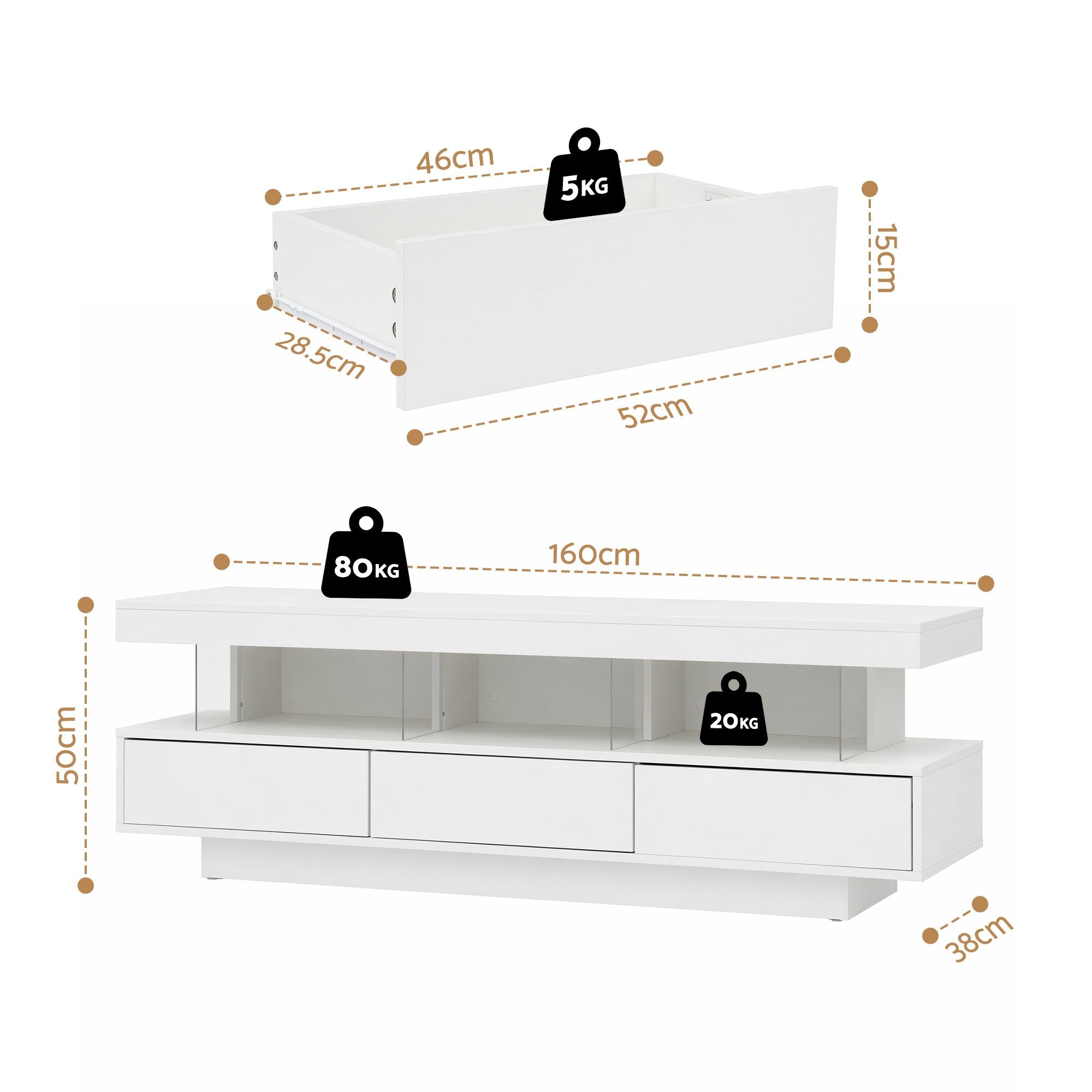 TV Unit LED 160CM Storage Drawer White
