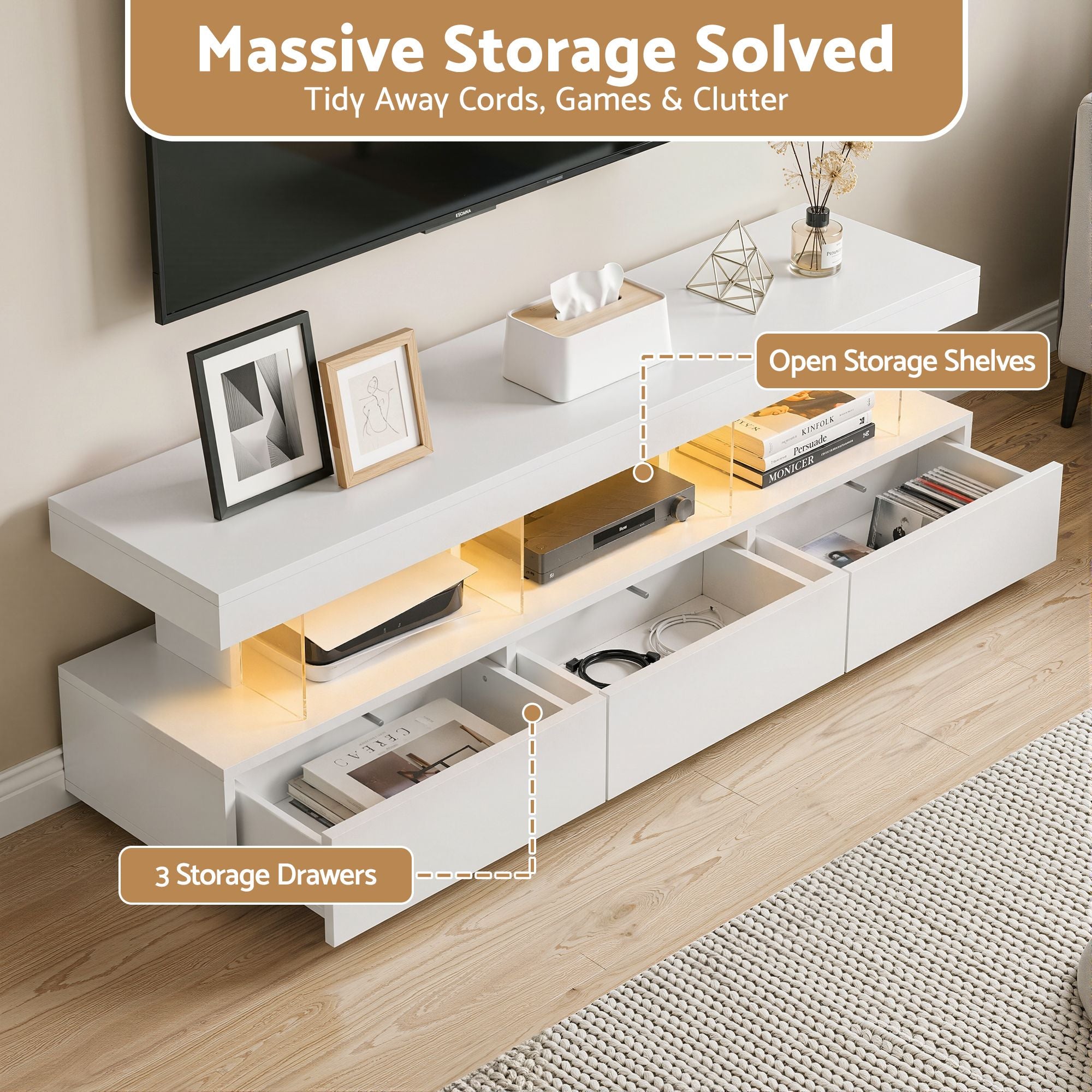 TV Unit LED 160CM Storage Drawer White