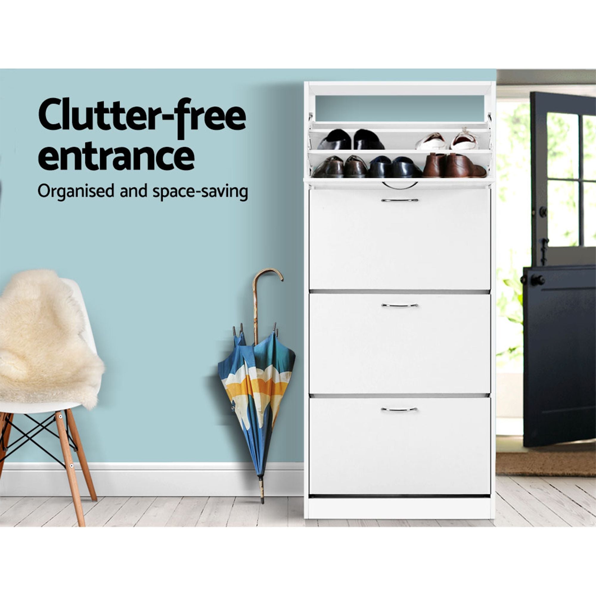 2x Shoe Cabinet Storage Organiser 4 Flip Drawer White