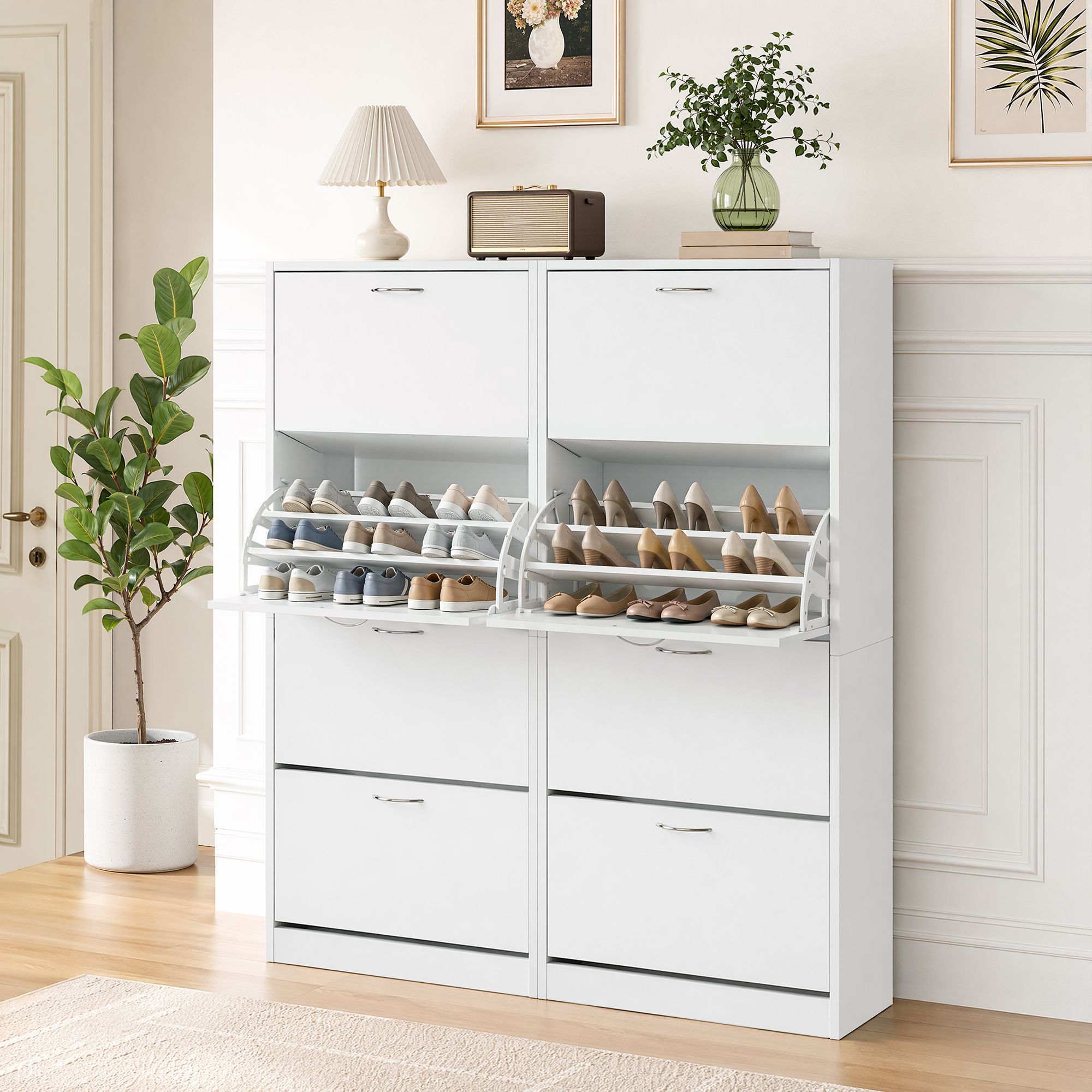 2x Shoe Cabinet Storage Organiser 4 Flip Drawer White