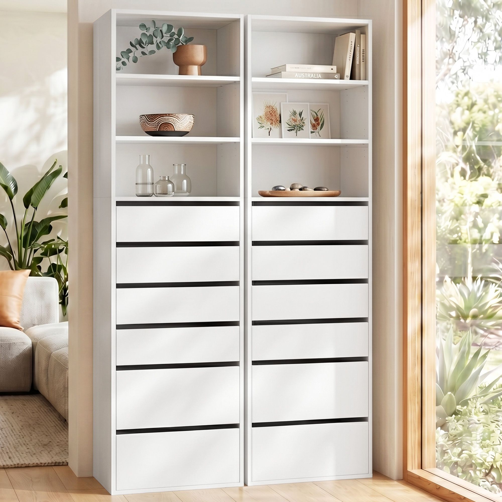 2x Chest of 6 Drawers Tallboy Cabinet Adjustable Shelf White