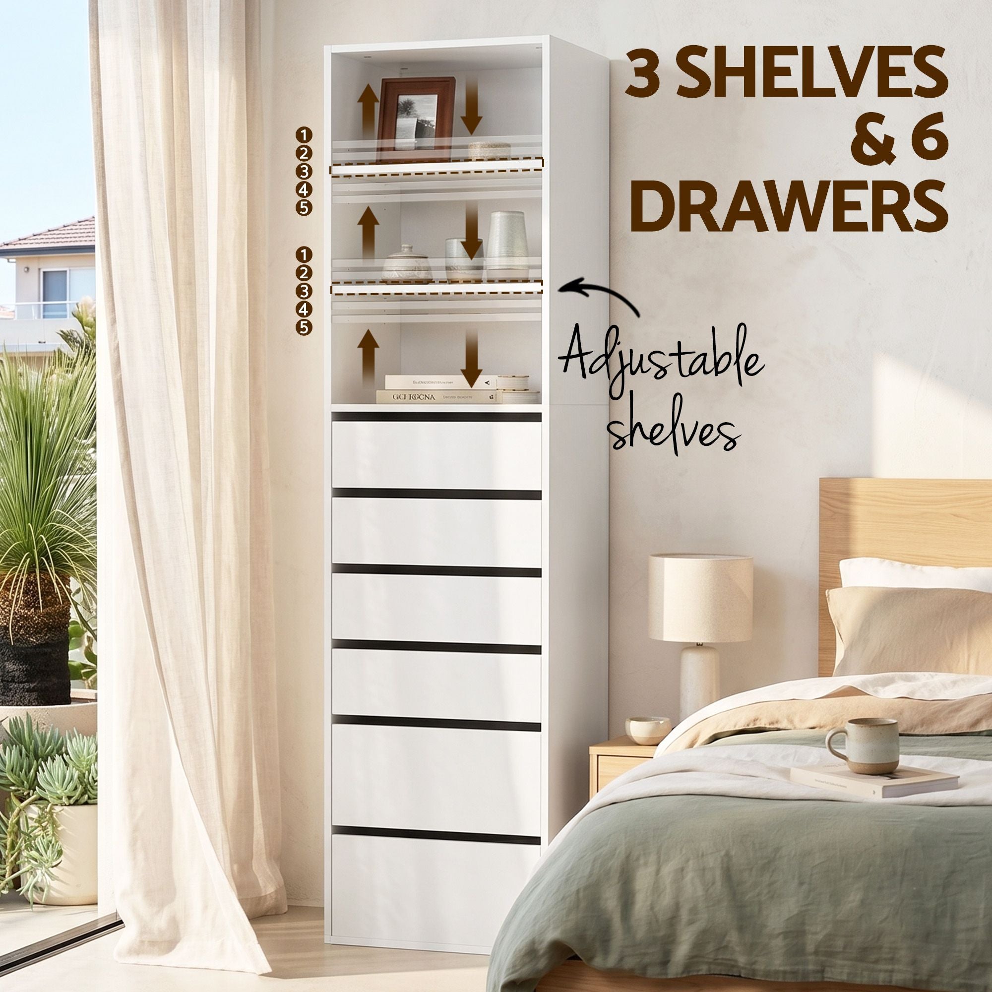 2x Chest of 6 Drawers Tallboy Cabinet Adjustable Shelf White