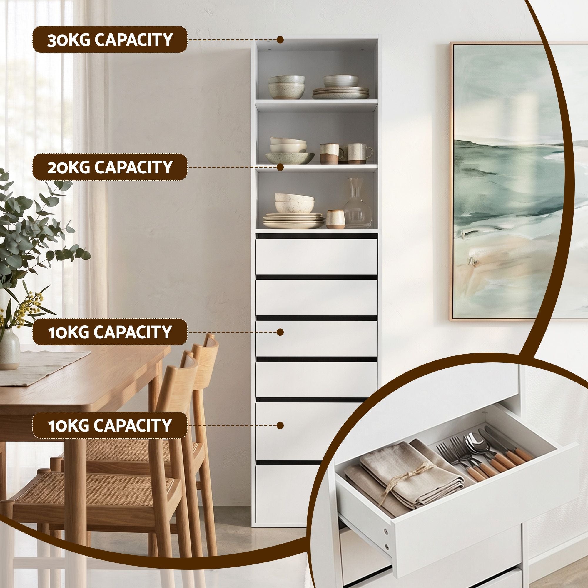 2x Chest of 6 Drawers Tallboy Cabinet Adjustable Shelf White