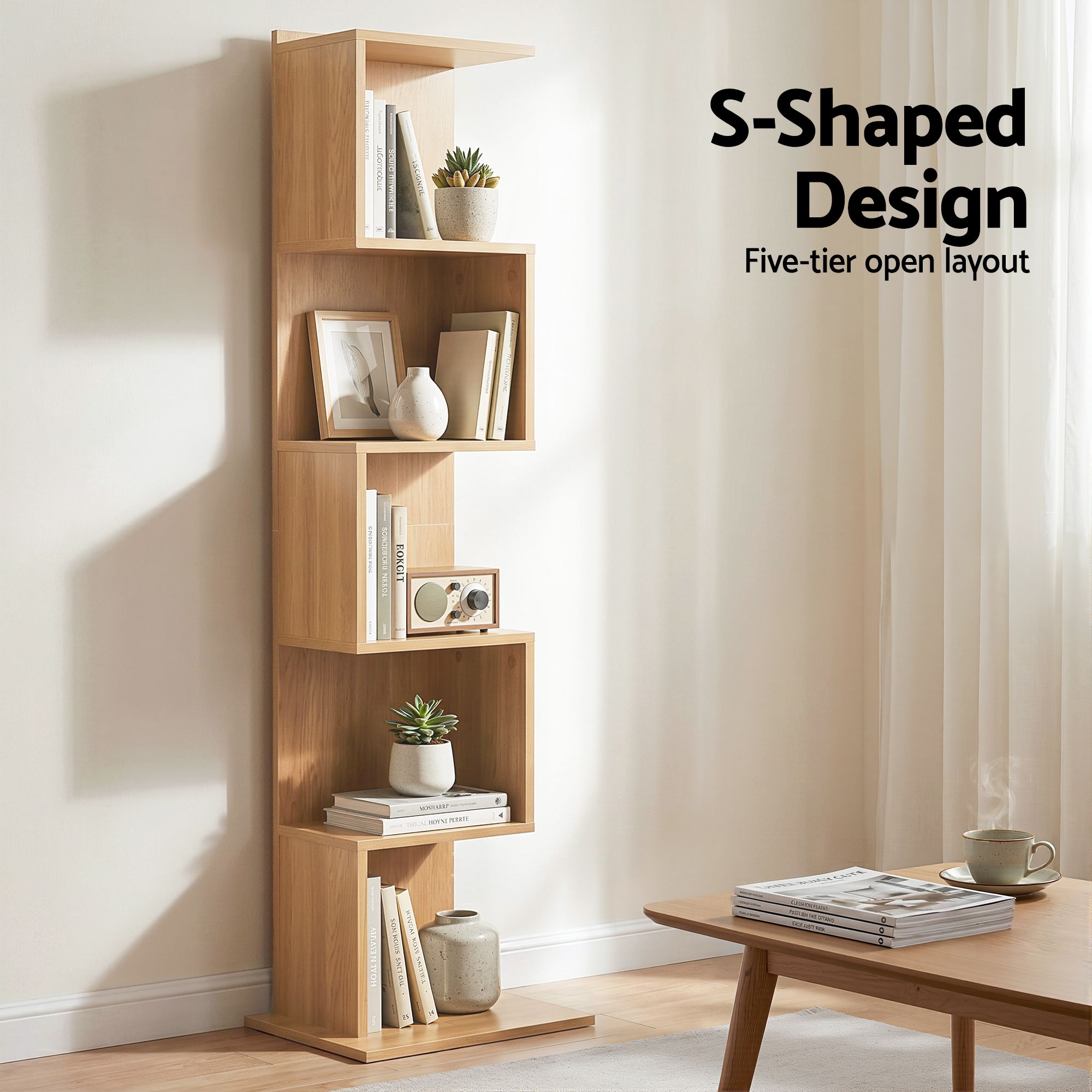 5 Tiers Bookshelf S-shaped Bookcase Oak