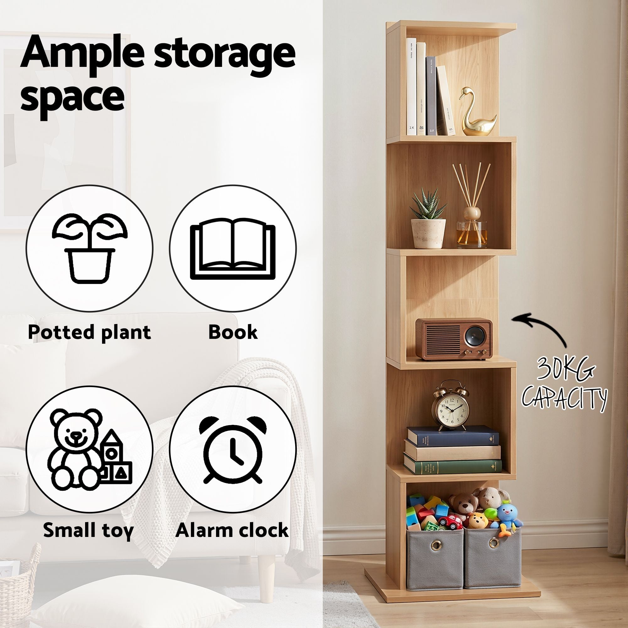 5 Tiers Bookshelf S-shaped Bookcase Oak