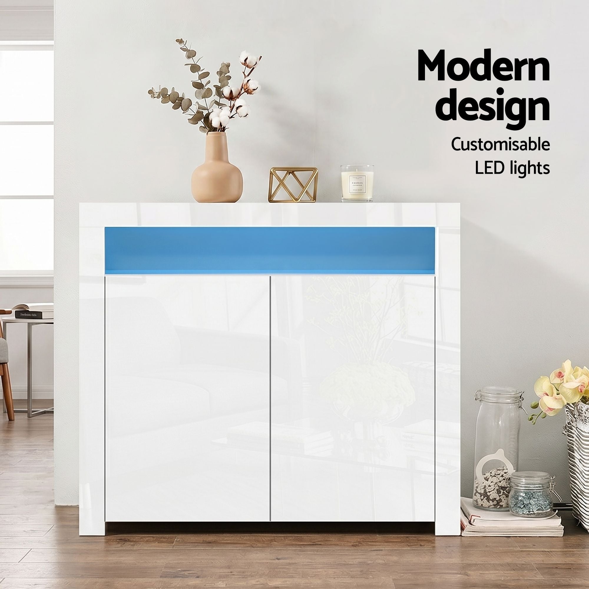 2x Buffet Sideboard Cabinet LED Cupboard High-Gloss Storage Pantry ARNO