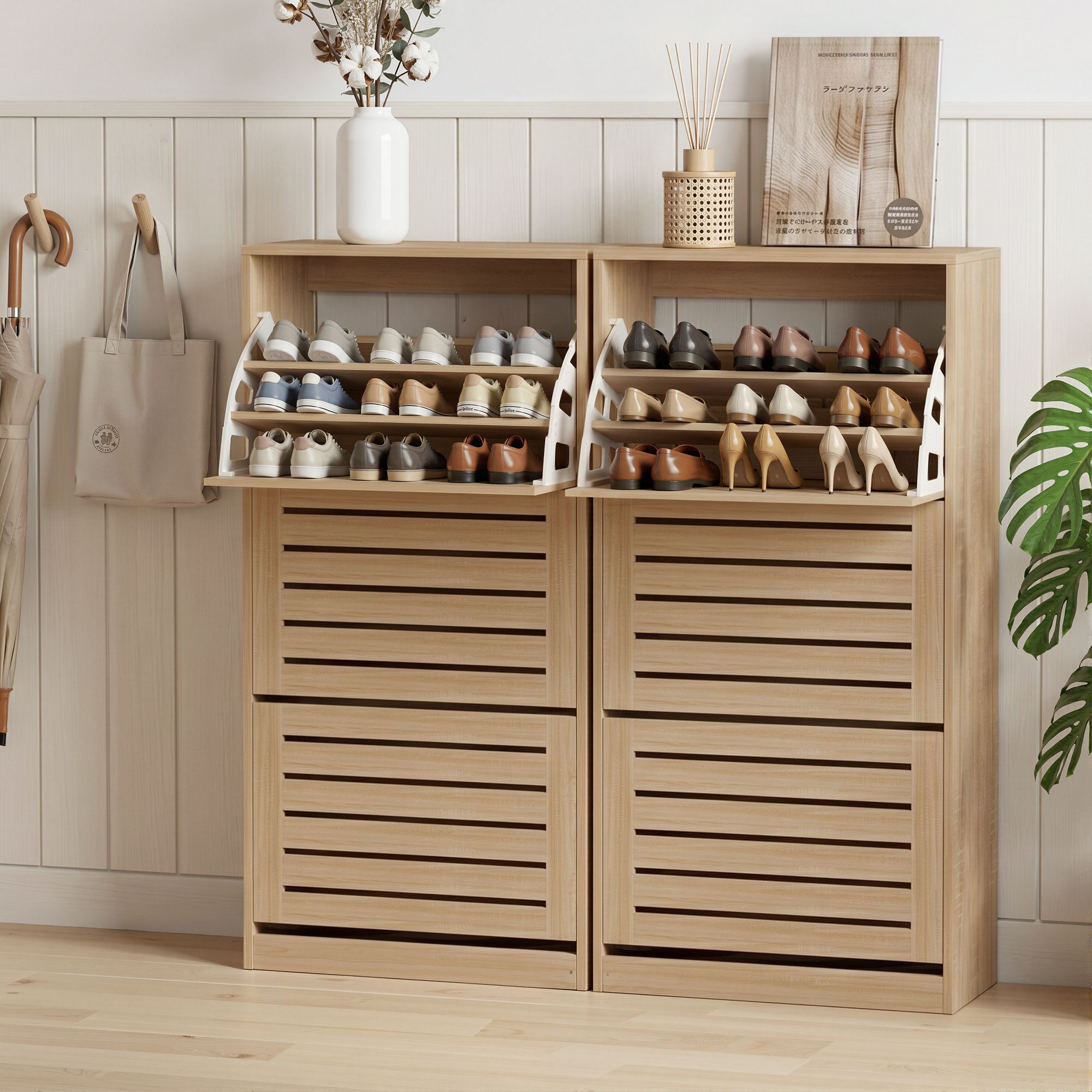 2x Shoe Cabinet Storage Organiser 3 Flip Drawer Pine