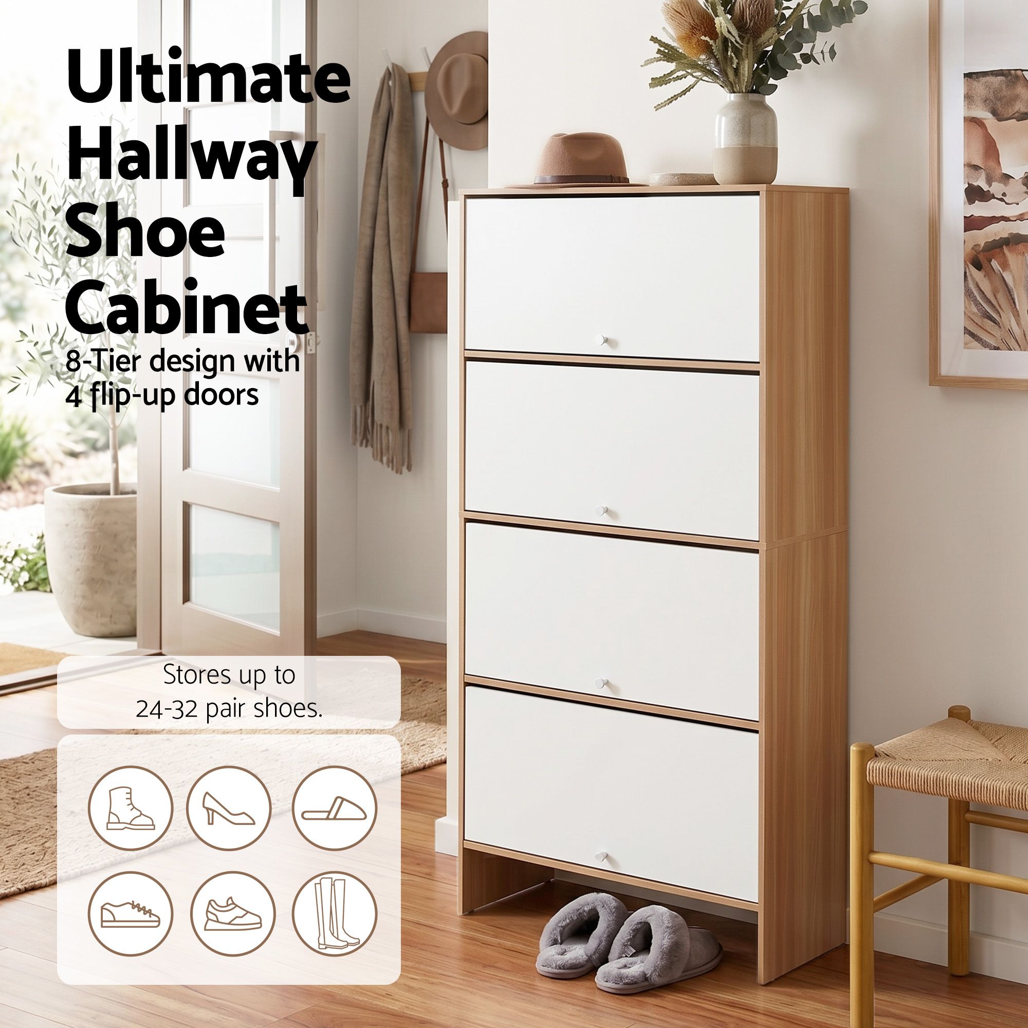 Narrow Shoe Cabinet Adjustable Shelves Flip-up Door White & Pine