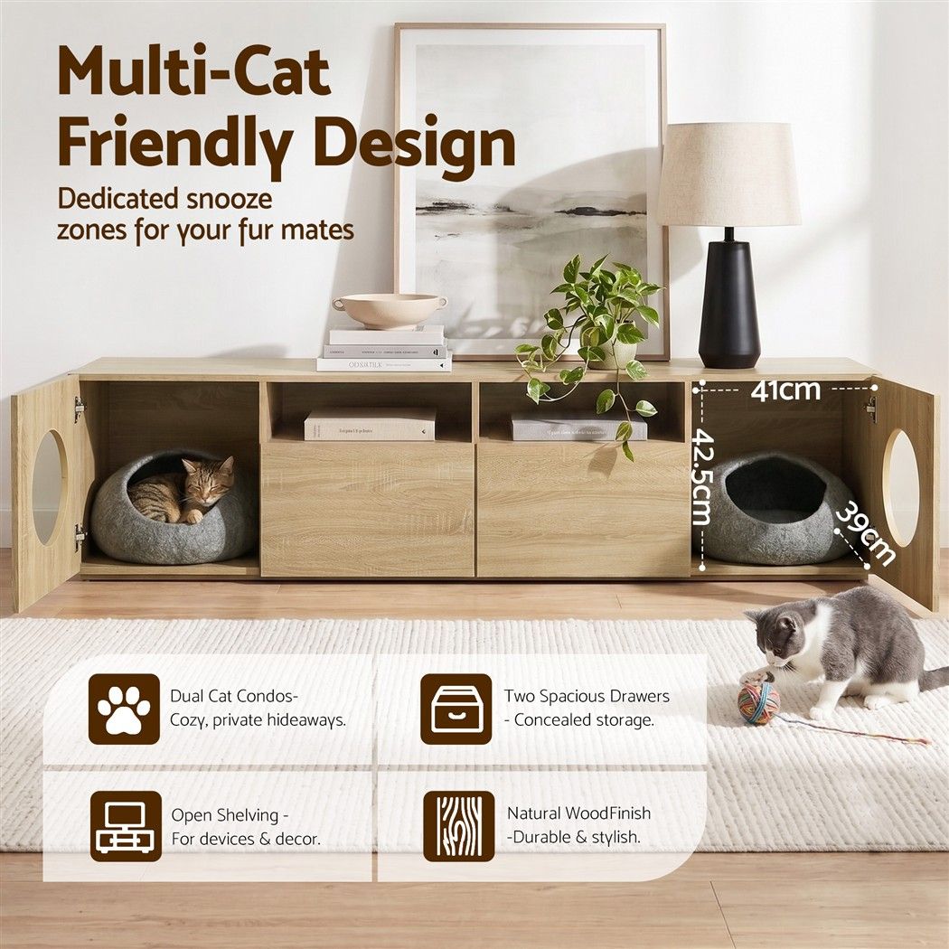 185CM TV Unit with Cat House Storage Cabinet Pine