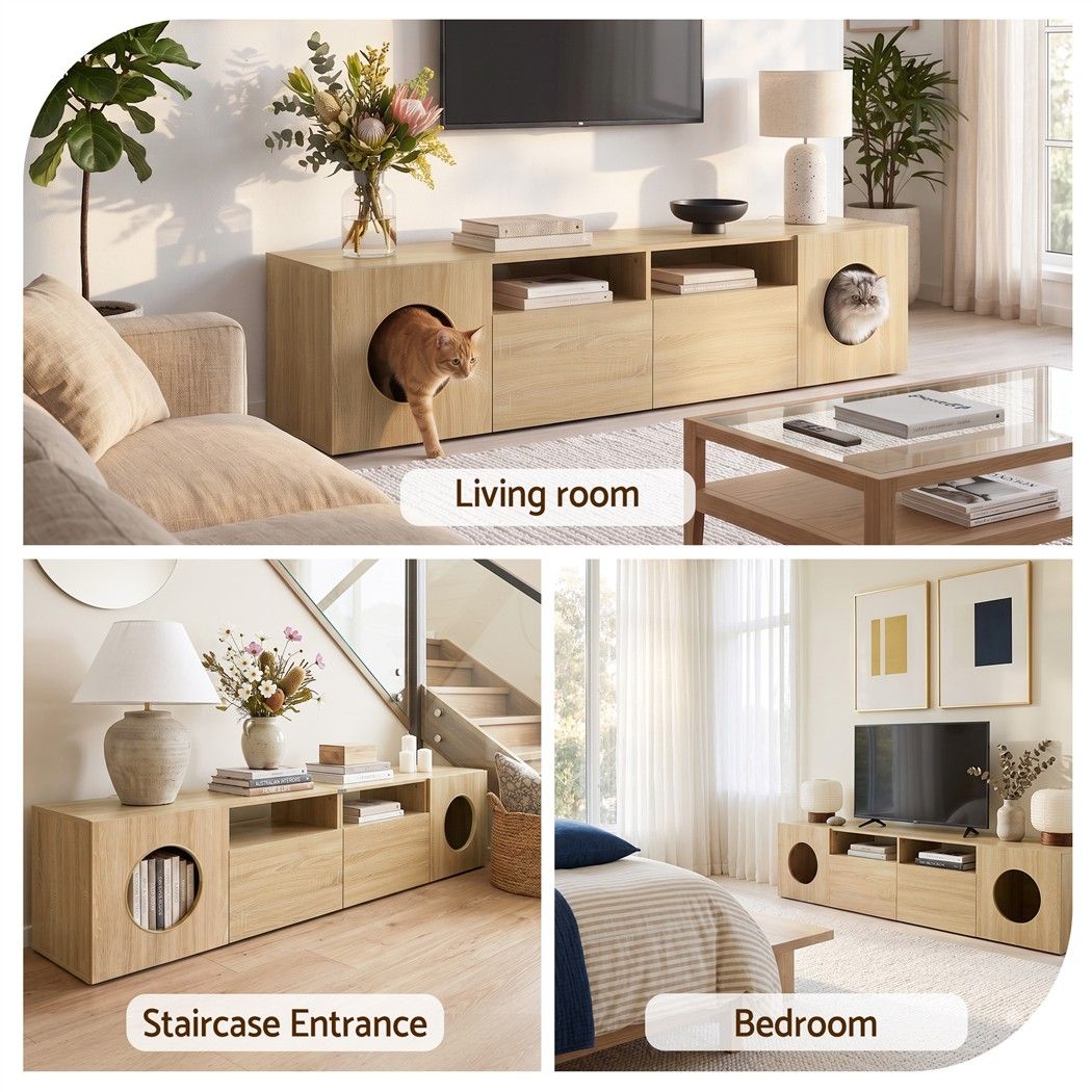 185CM TV Unit with Cat House Storage Cabinet Pine