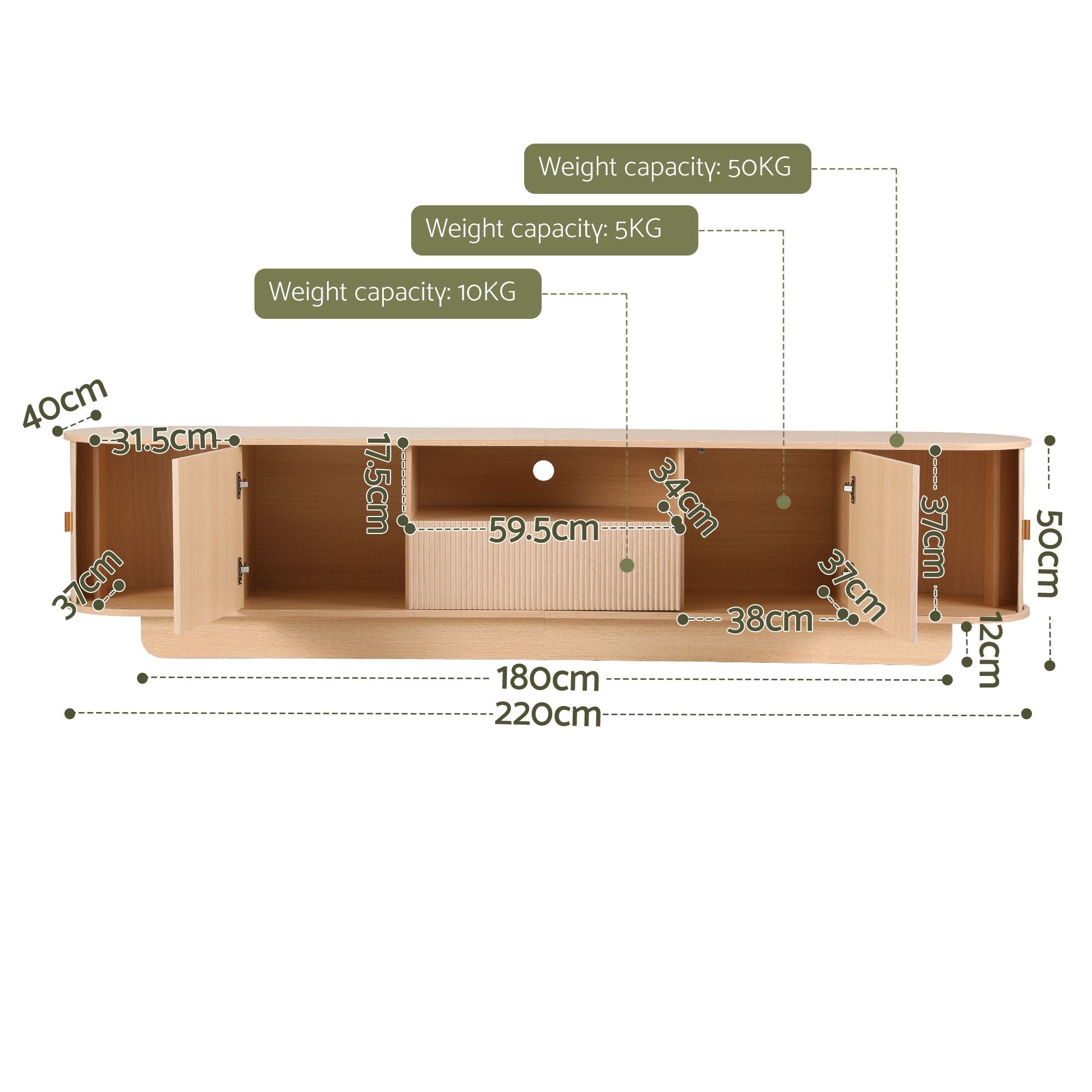 220cm TV Unit with Rounded Edge and Slide Side Cabinet Door - Pine
