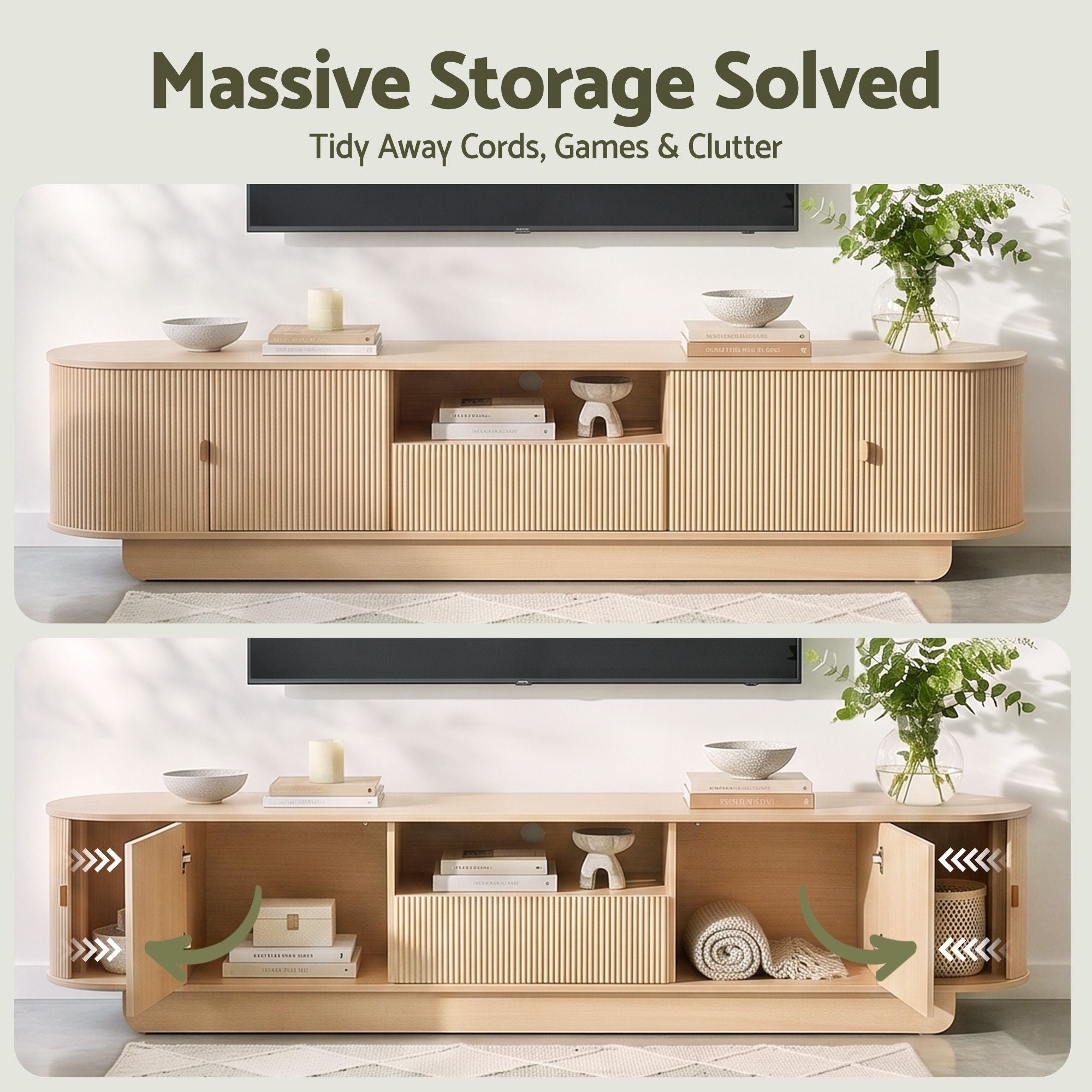 220cm TV Unit with Rounded Edge and Slide Side Cabinet Door - Pine