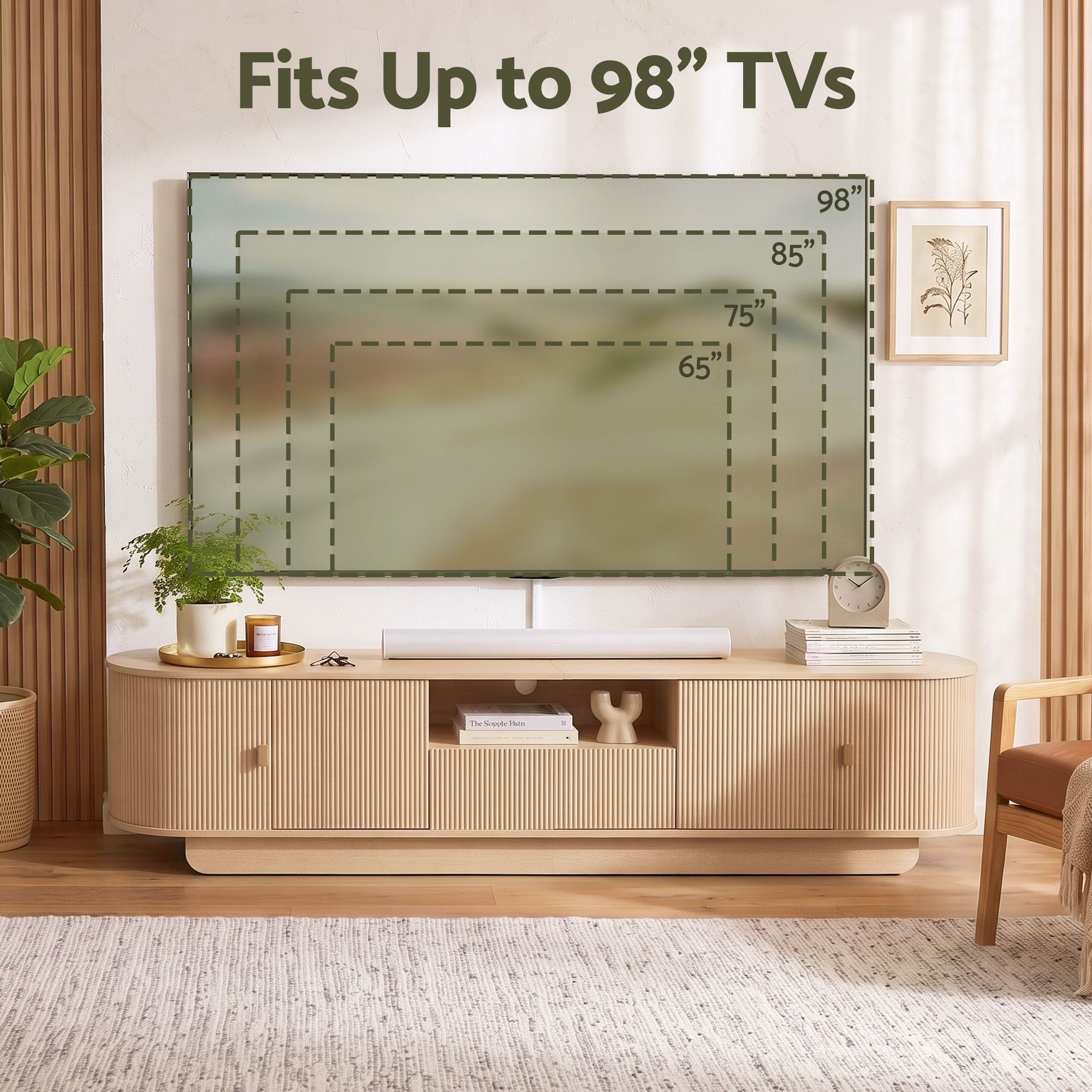 220cm TV Unit with Rounded Edge and Slide Side Cabinet Door - Pine