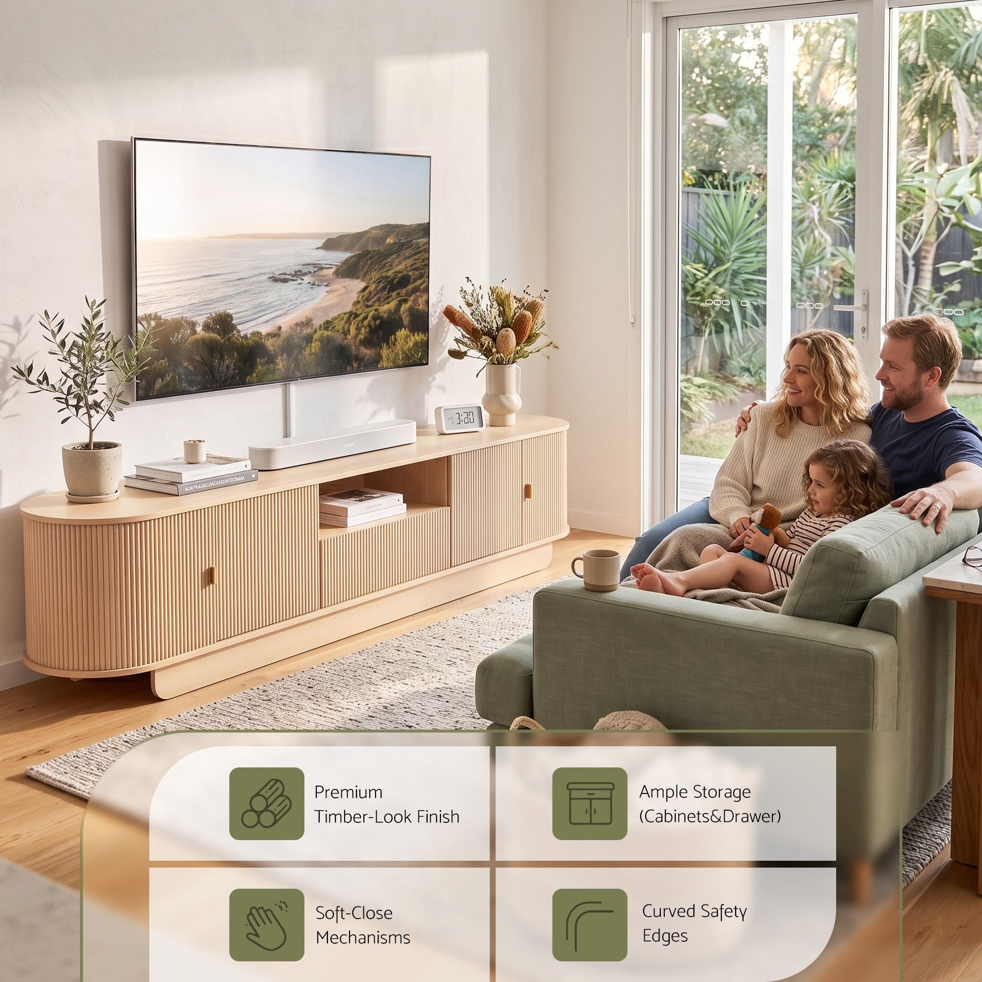 220cm TV Unit with Rounded Edge and Slide Side Cabinet Door - Pine