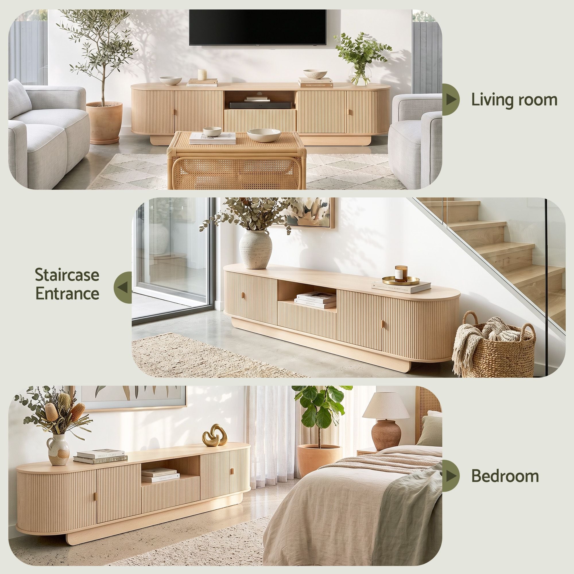 220cm TV Unit with Rounded Edge and Slide Side Cabinet Door - Pine