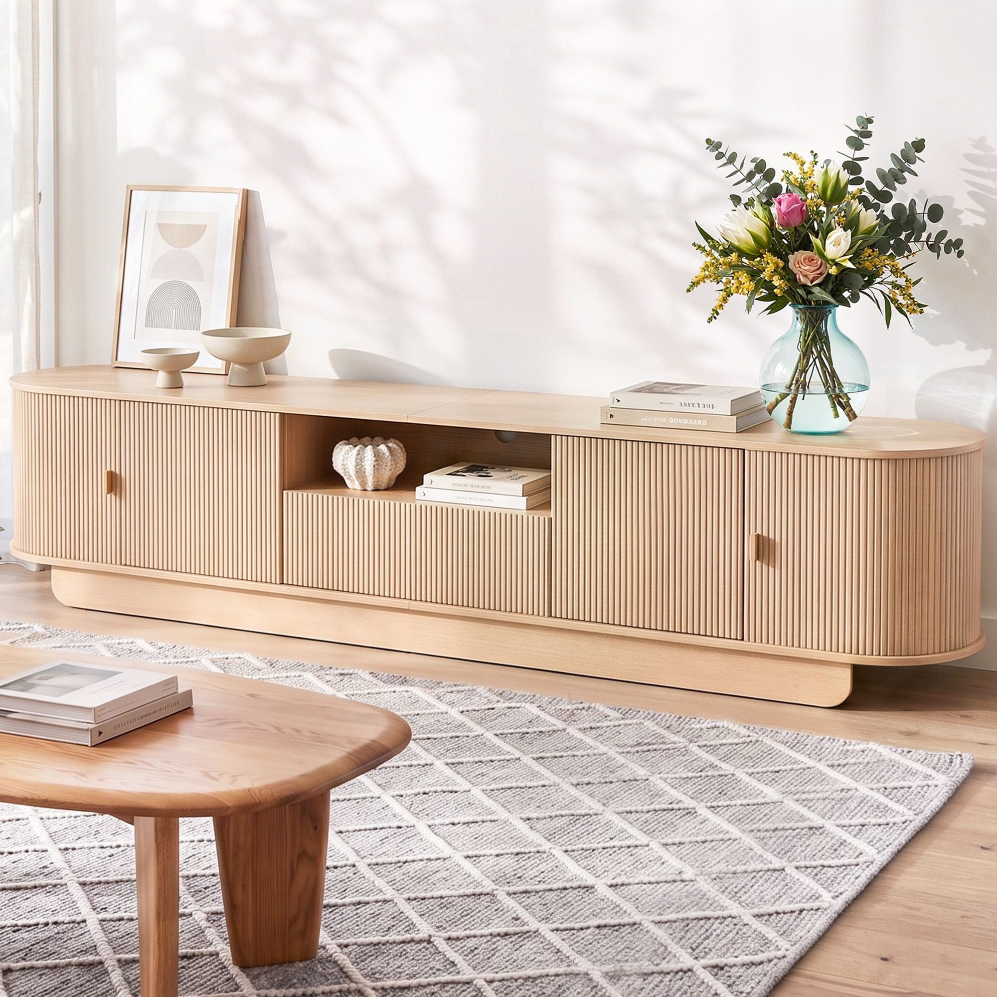 220cm TV Unit with Rounded Edge and Slide Side Cabinet Door - Pine