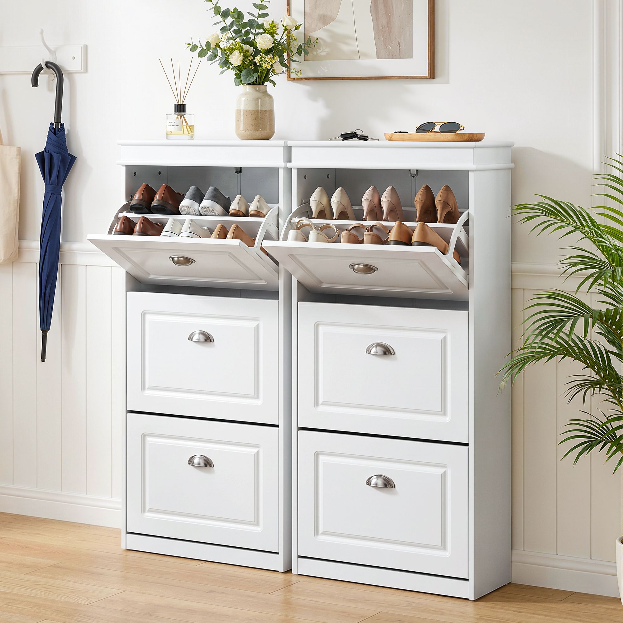 2x Shoe Cabinet Storage Organiser 3 Flip Drawer White