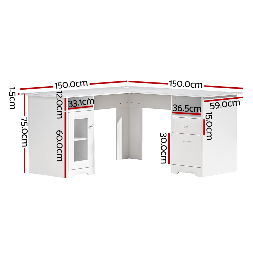 Computer Desk Shelf Cabinet L-Shape White 150CM