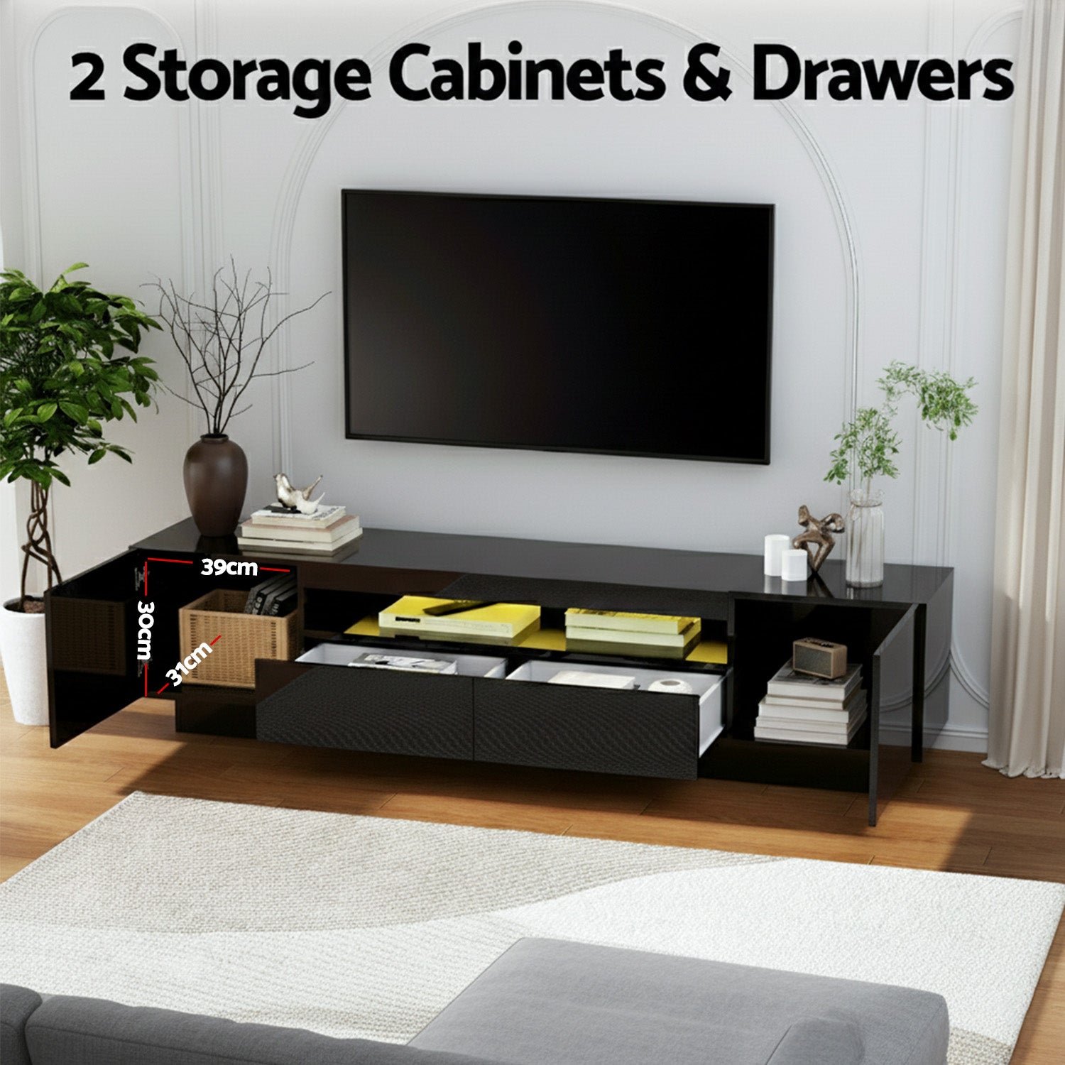 TV Unit Entertainment Unit Storage Drawer RGB LED 180cm Black