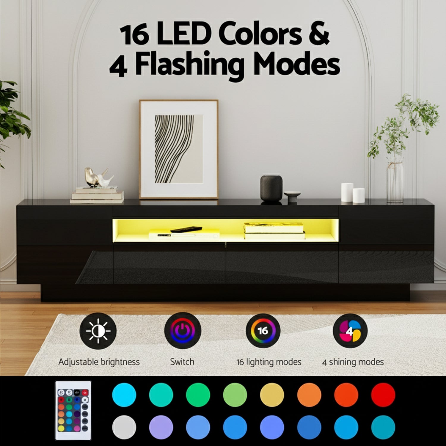TV Unit Entertainment Unit Storage Drawer RGB LED 180cm Black