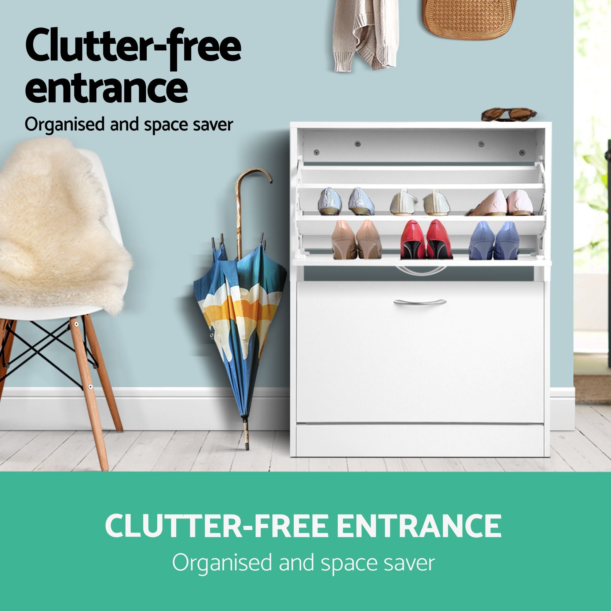 2x Shoe Cabinet Storage Organiser 2 Flip Drawer White